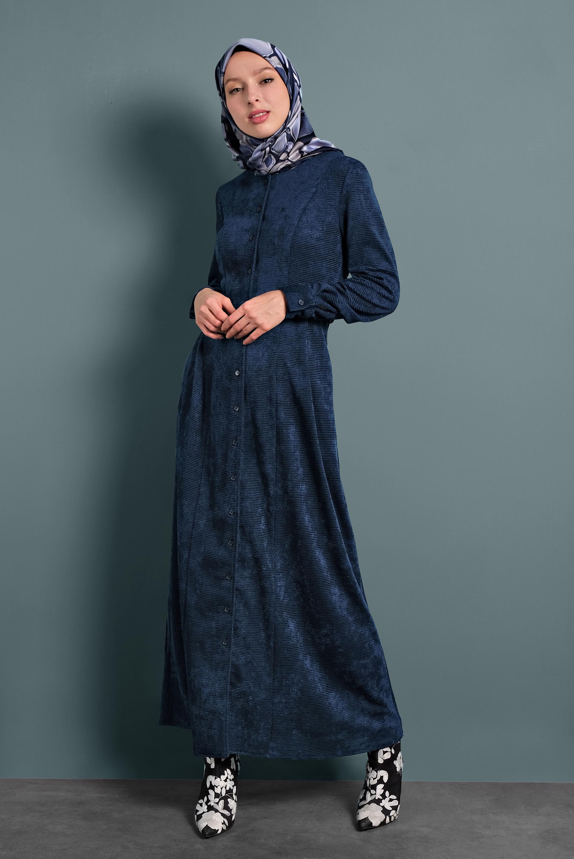 Tesettür giyim LACİVERT ŞÖNİL KADİFE ELBİSE 40298 