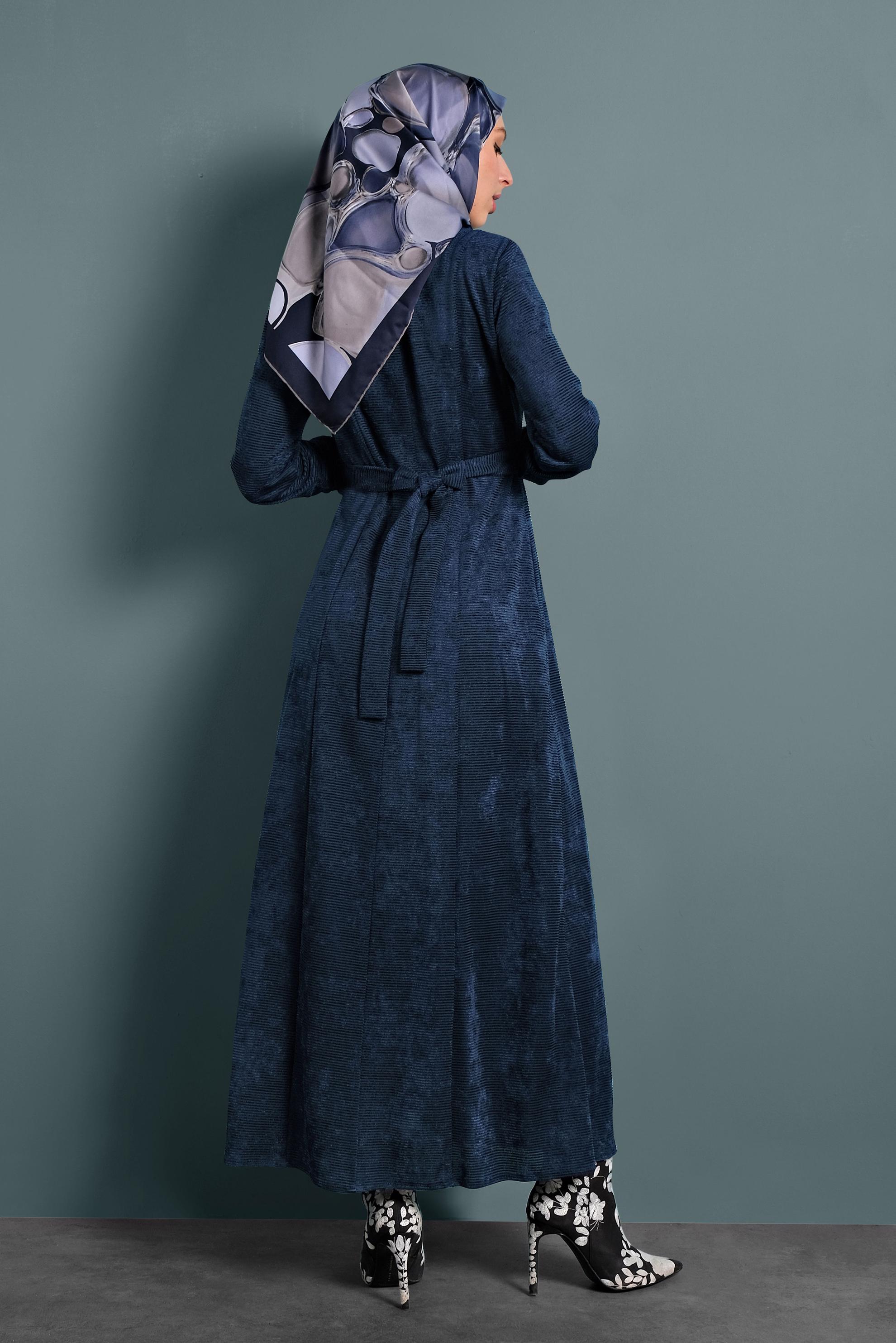 Tesettür giyim LACİVERT ŞÖNİL KADİFE ELBİSE 40298 