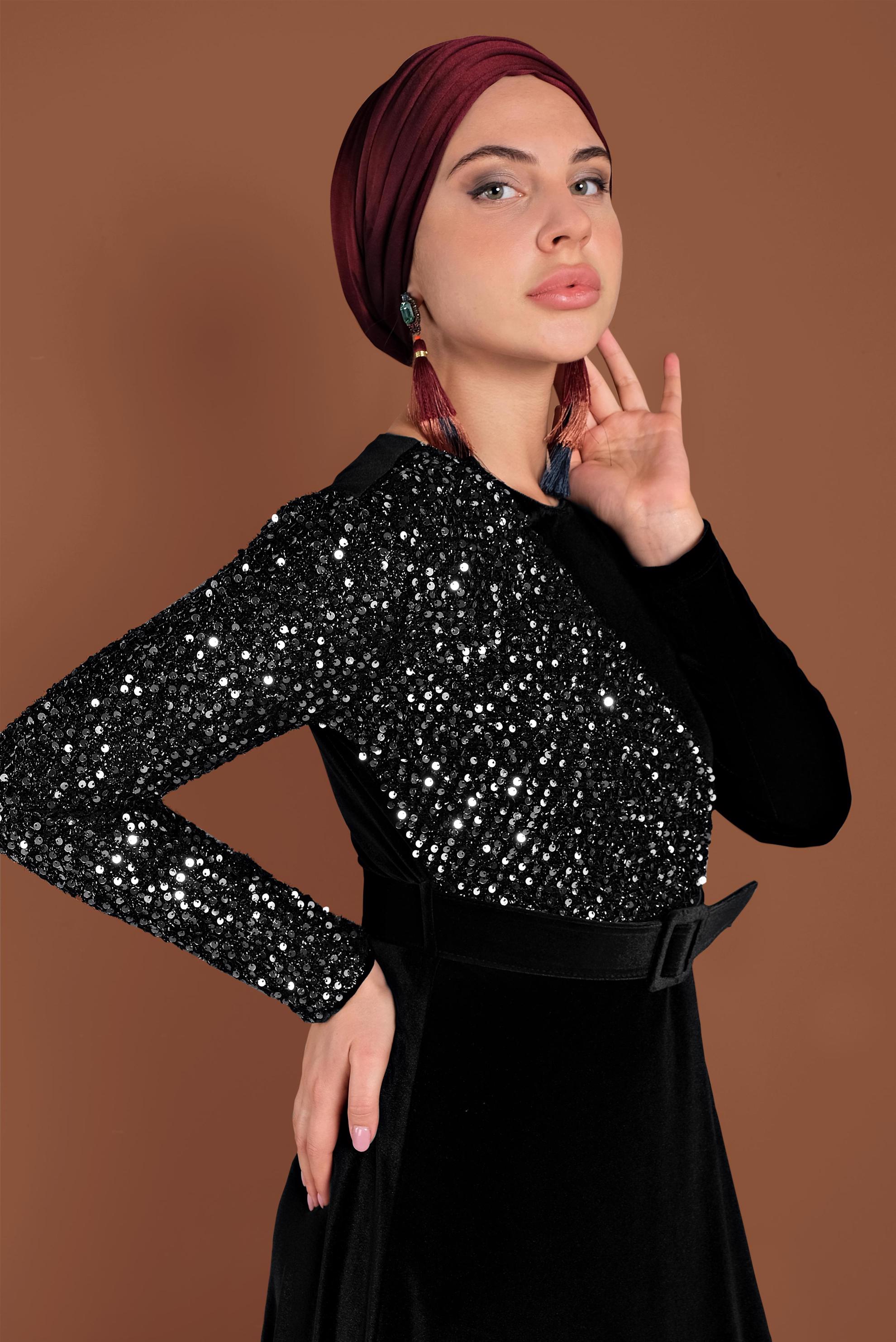 Tesettür giyim SİYAH PULLU KADİFE ELBİSE 40299