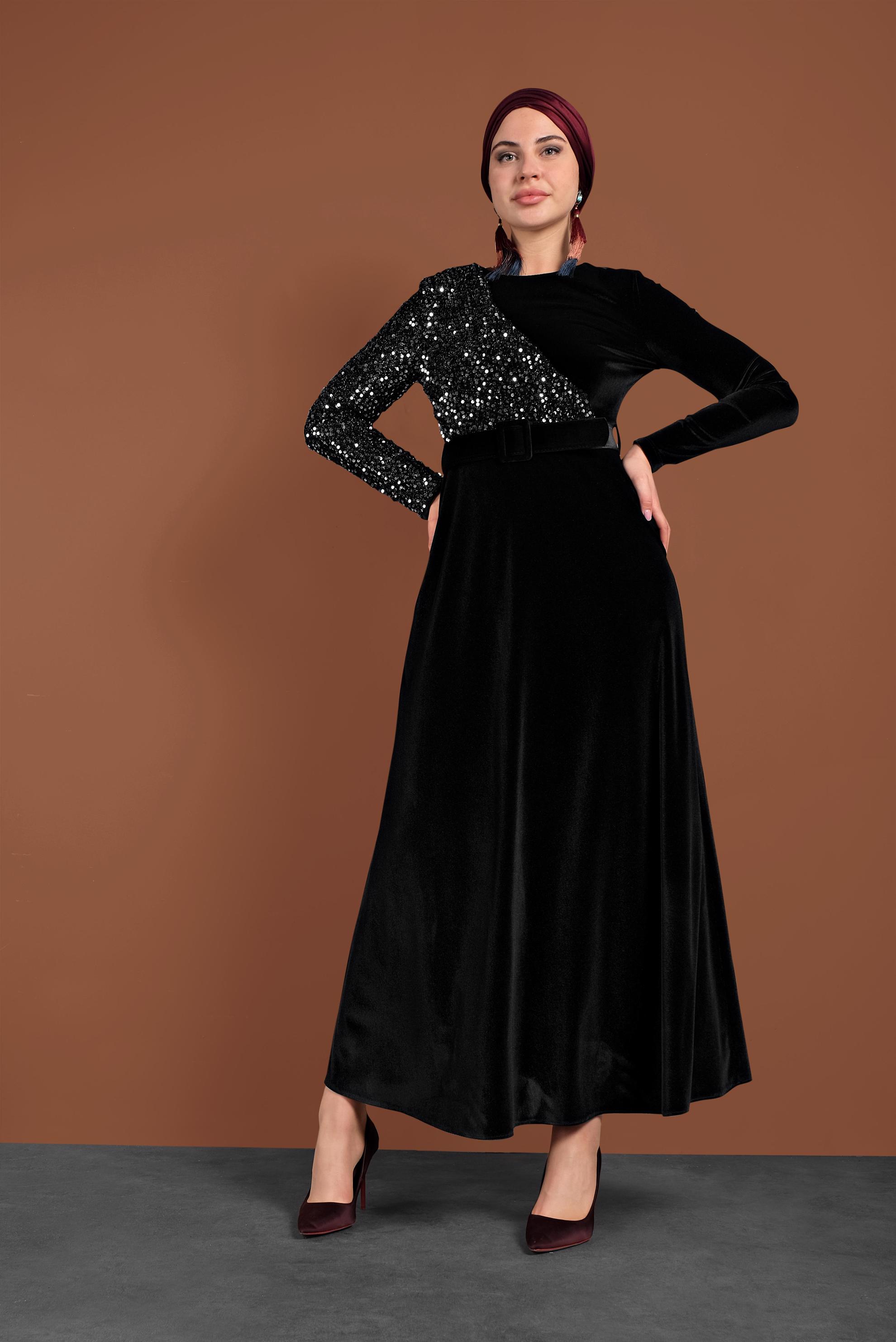 Tesettür giyim SİYAH PULLU KADİFE ELBİSE 40299