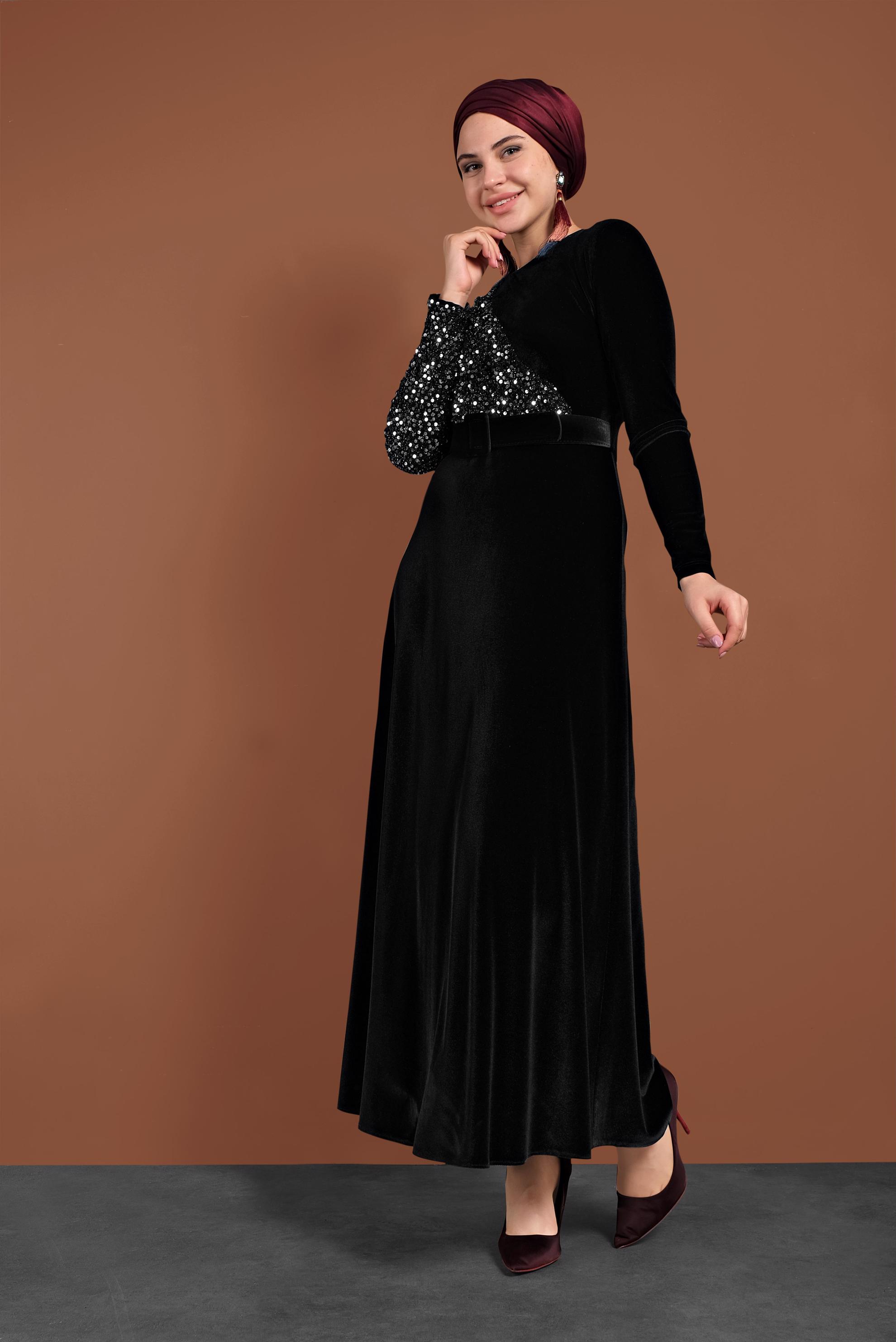 Tesettür giyim SİYAH PULLU KADİFE ELBİSE 40299