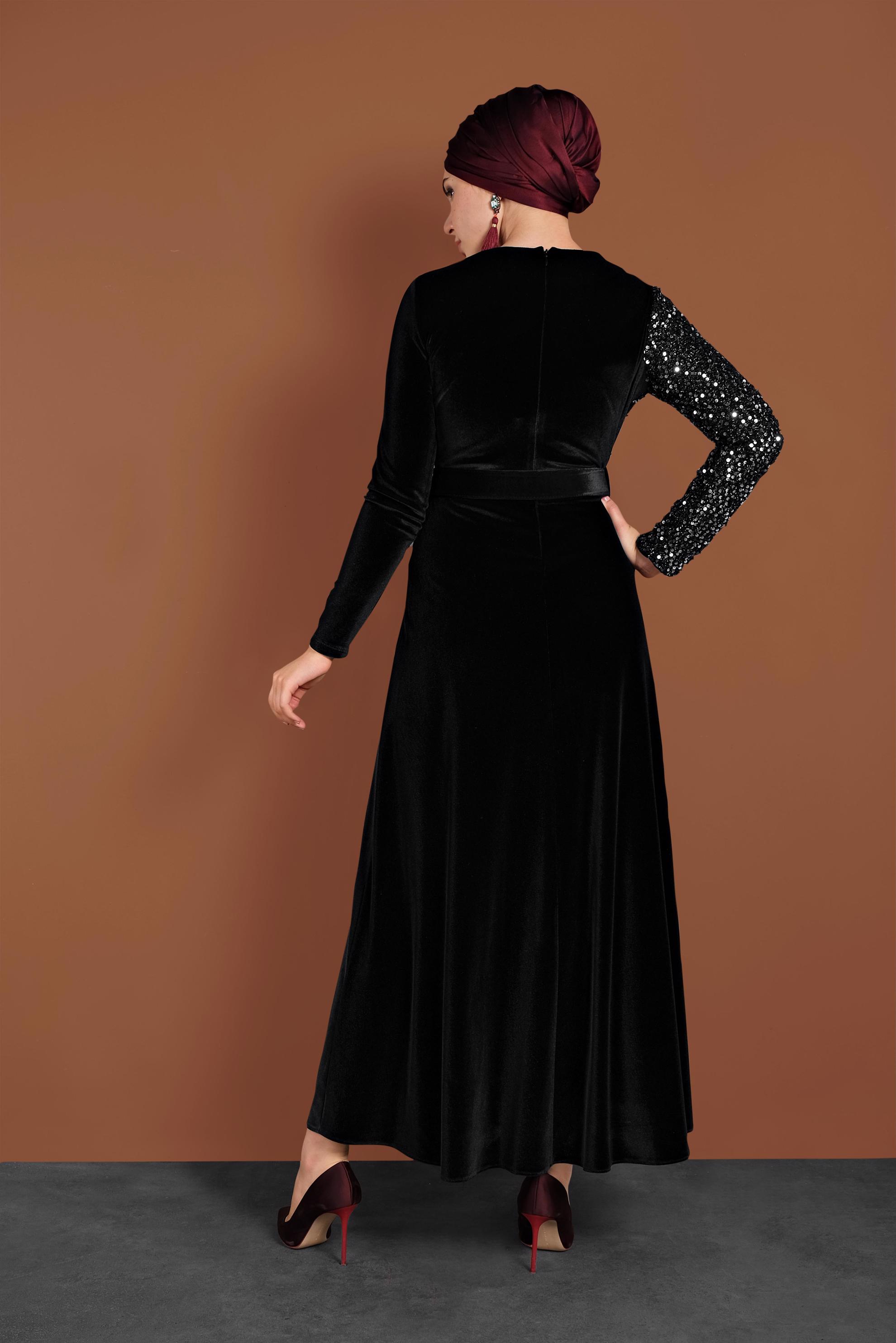 Tesettür giyim SİYAH PULLU KADİFE ELBİSE 40299