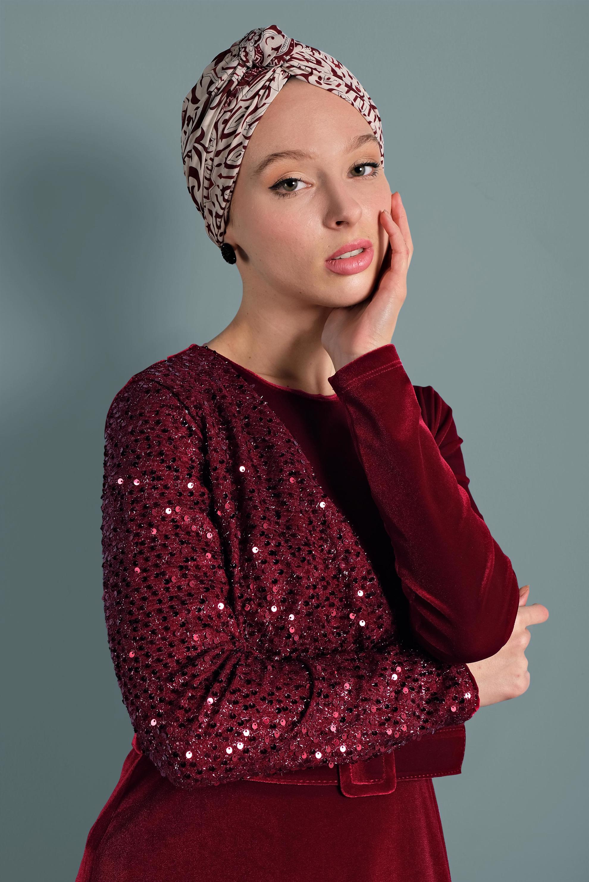 Tesettür giyim BORDO PULLU KADİFE ELBİSE 40299