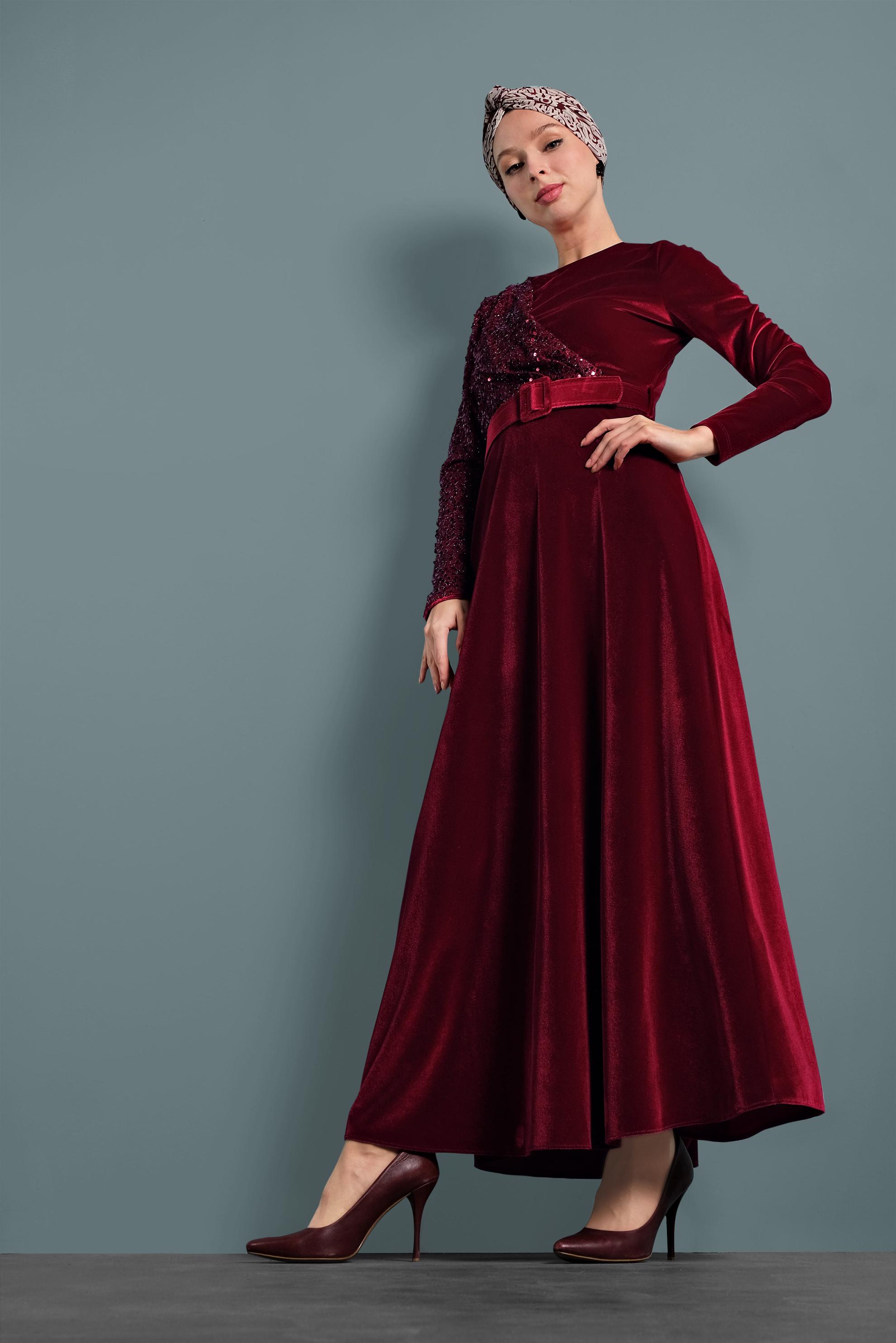 Tesettür giyim BORDO PULLU KADİFE ELBİSE 40299