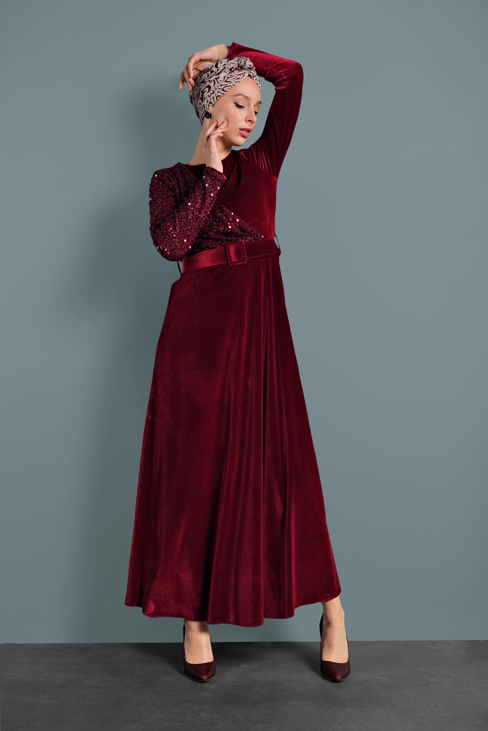 Tesettür giyim BORDO PULLU KADİFE ELBİSE 40299