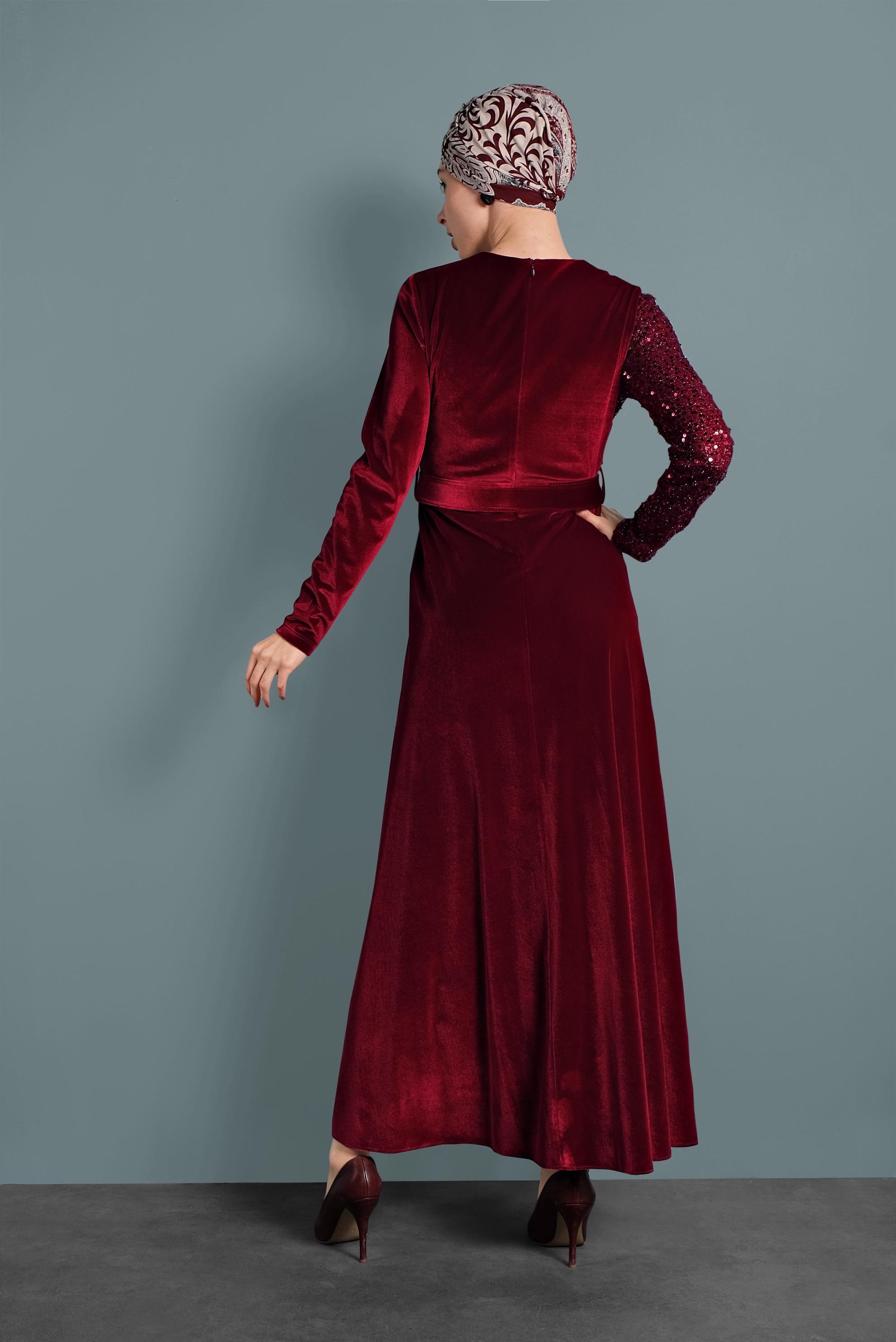 Tesettür giyim BORDO PULLU KADİFE ELBİSE 40299
