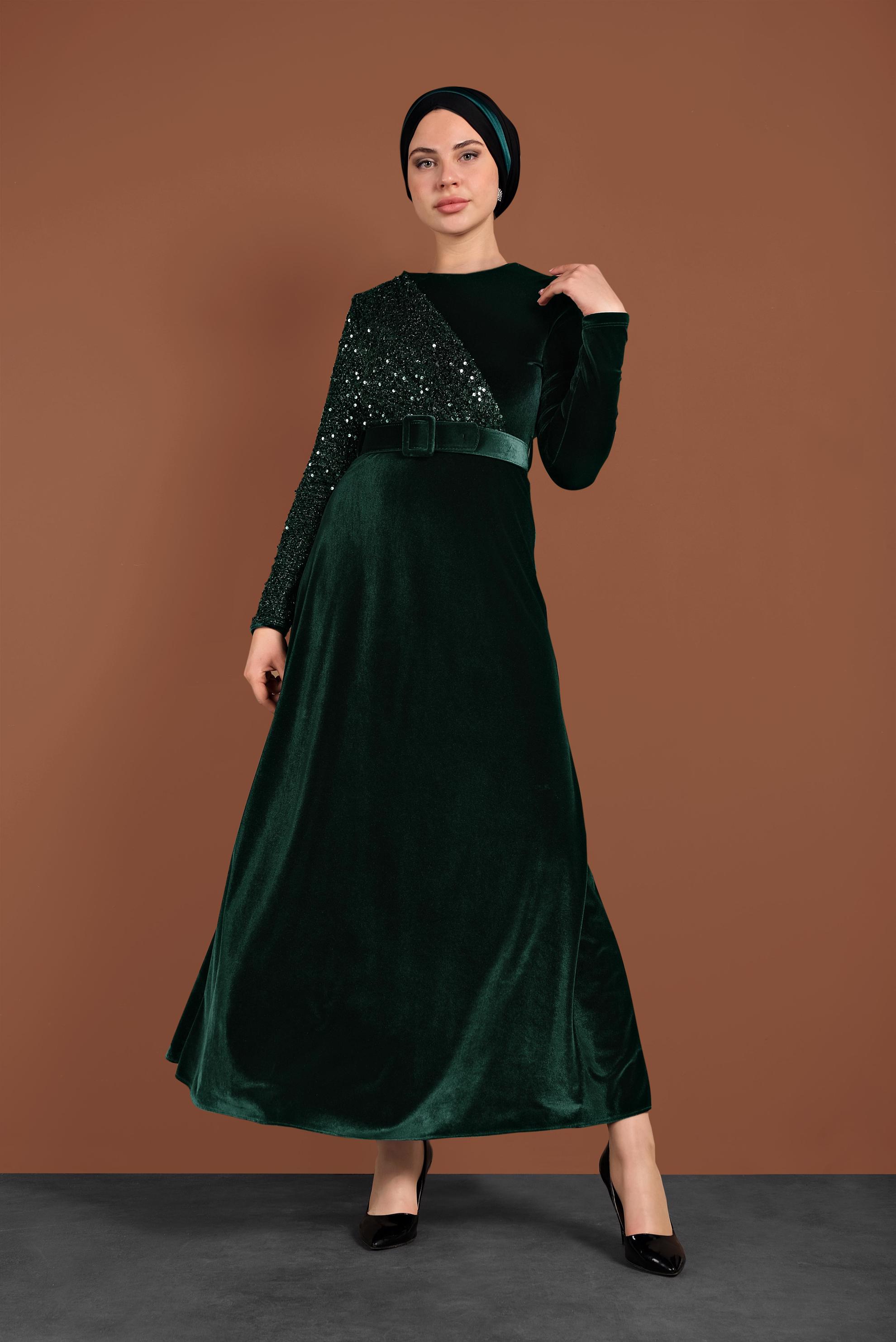 Tesettür giyim YEŞİL PULLU KADİFE ELBİSE 40299