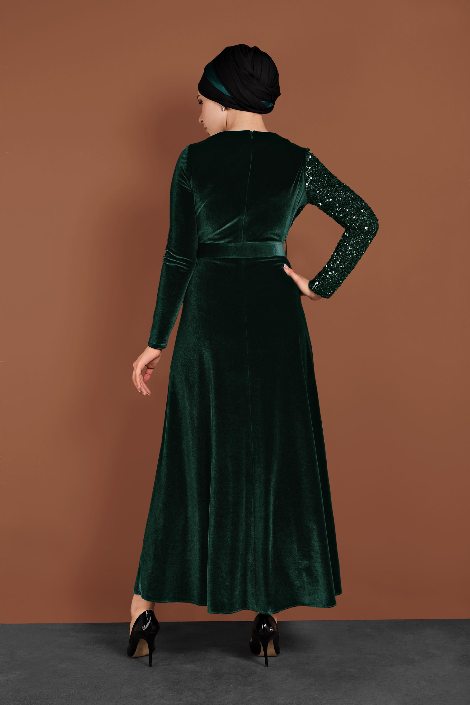 Tesettür giyim YEŞİL PULLU KADİFE ELBİSE 40299