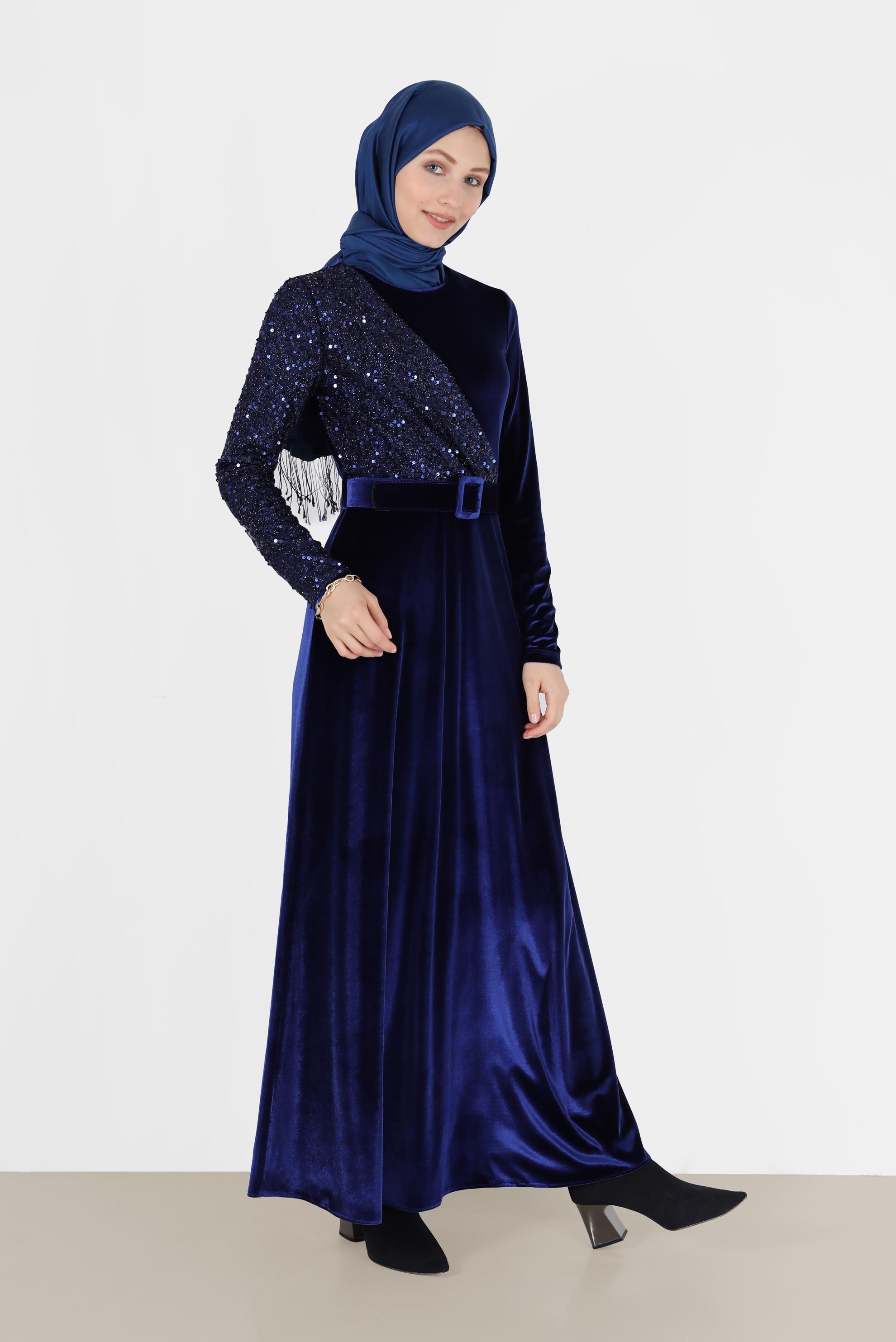 Tesettür giyim MAVİ PULLU KADİFE ELBİSE 40299