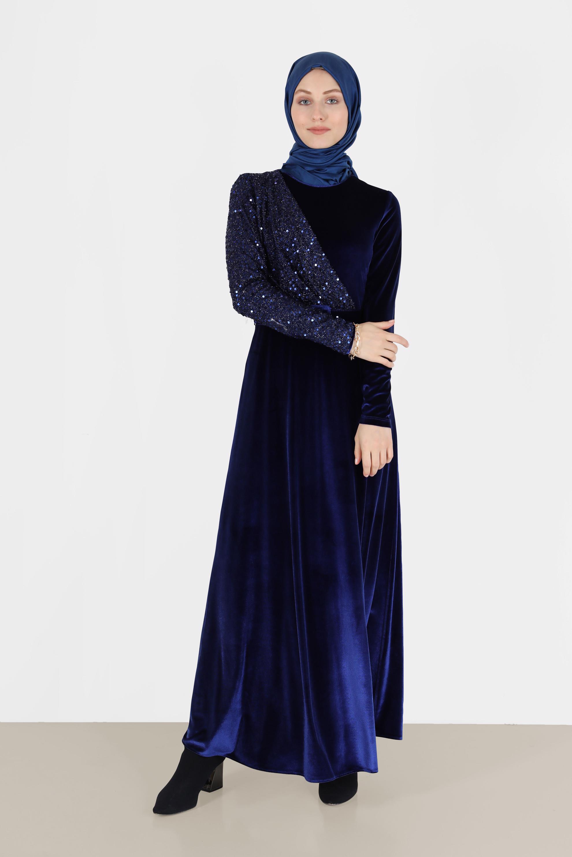Tesettür giyim MAVİ PULLU KADİFE ELBİSE 40299