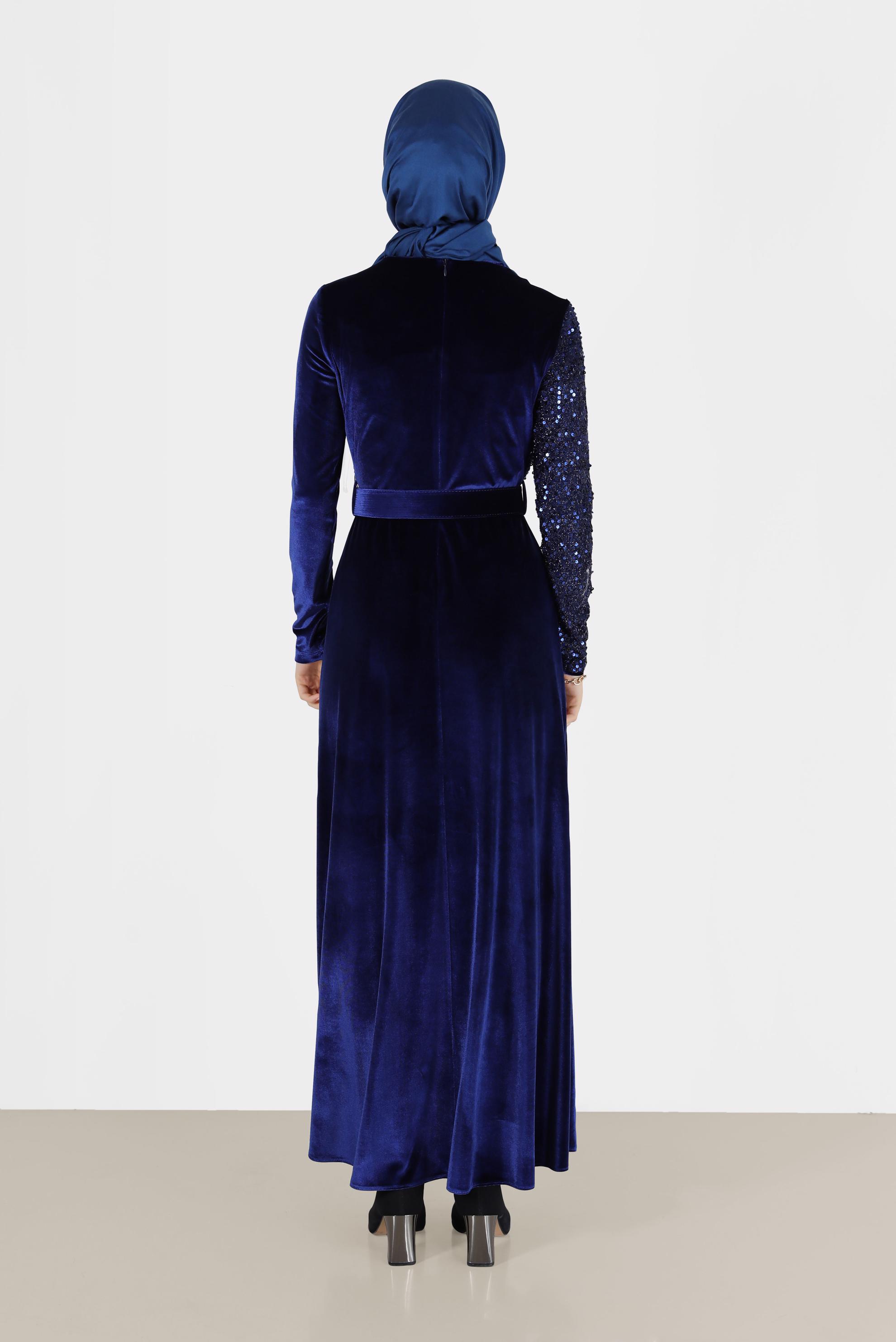 Tesettür giyim MAVİ PULLU KADİFE ELBİSE 40299