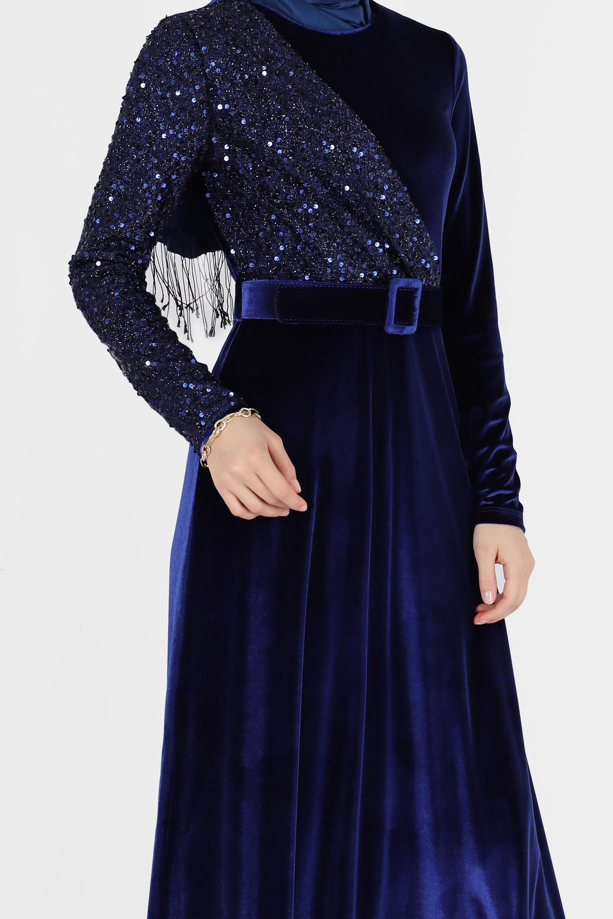 Tesettür giyim MAVİ PULLU KADİFE ELBİSE 40299