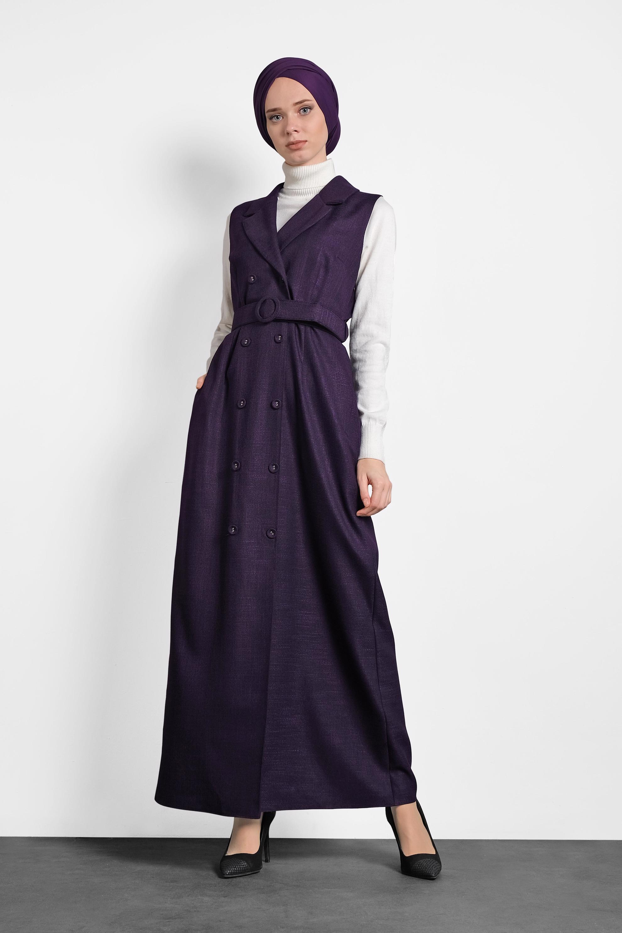Tesettür giyim MOR KRUVAZE YAKA DÜĞME DETAYLI ELBİSE 40302
