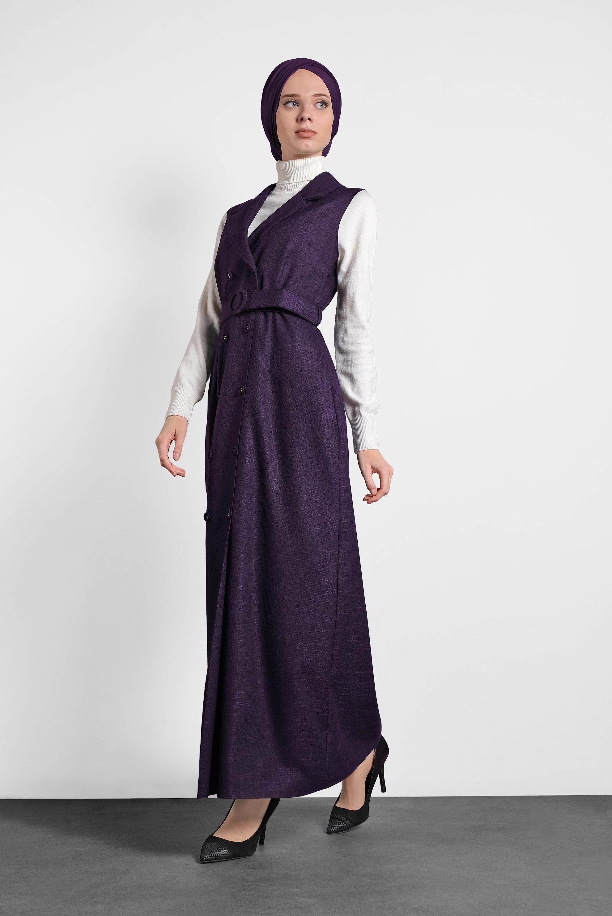 Tesettür giyim MOR KRUVAZE YAKA DÜĞME DETAYLI ELBİSE 40302