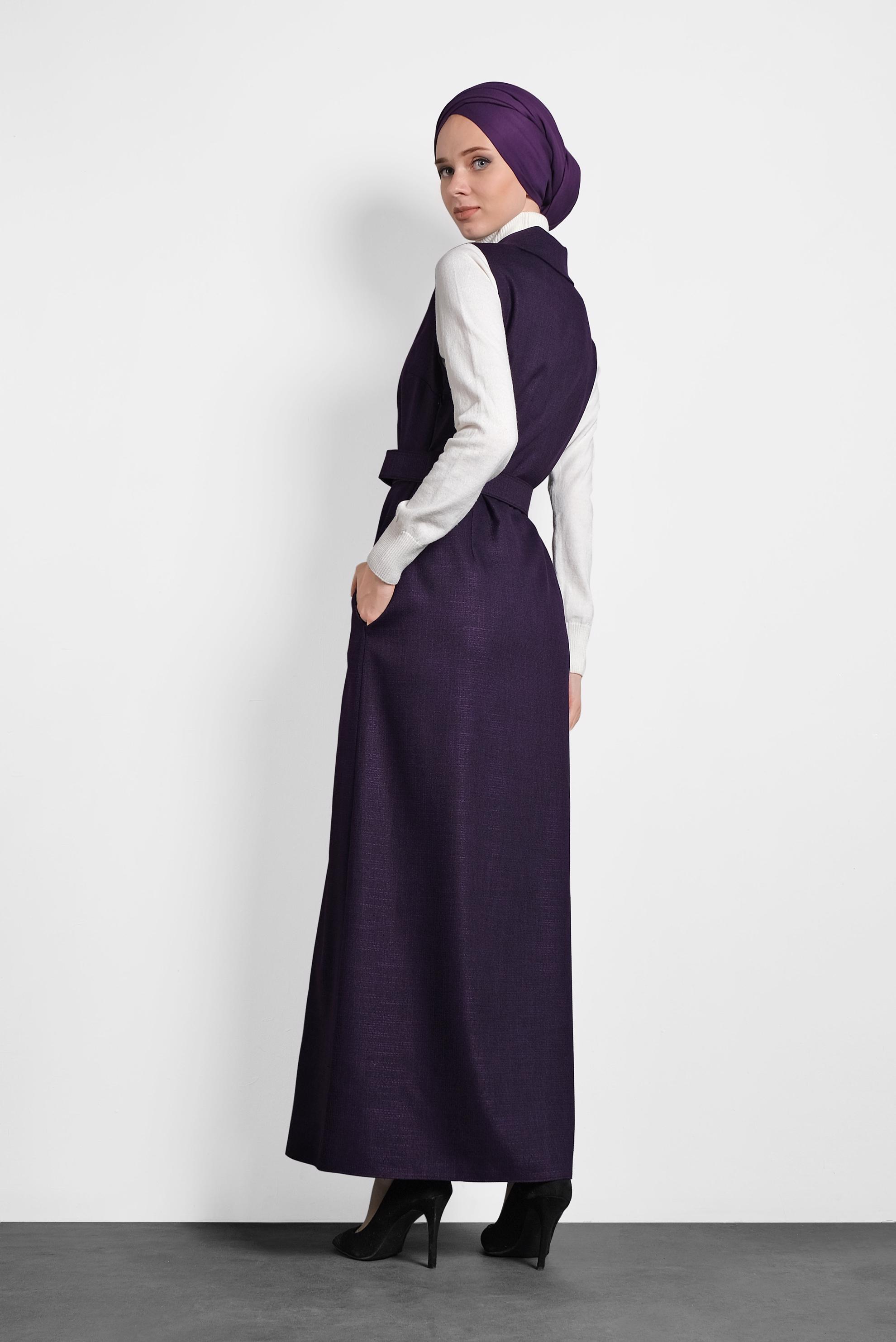 Tesettür giyim MOR KRUVAZE YAKA DÜĞME DETAYLI ELBİSE 40302