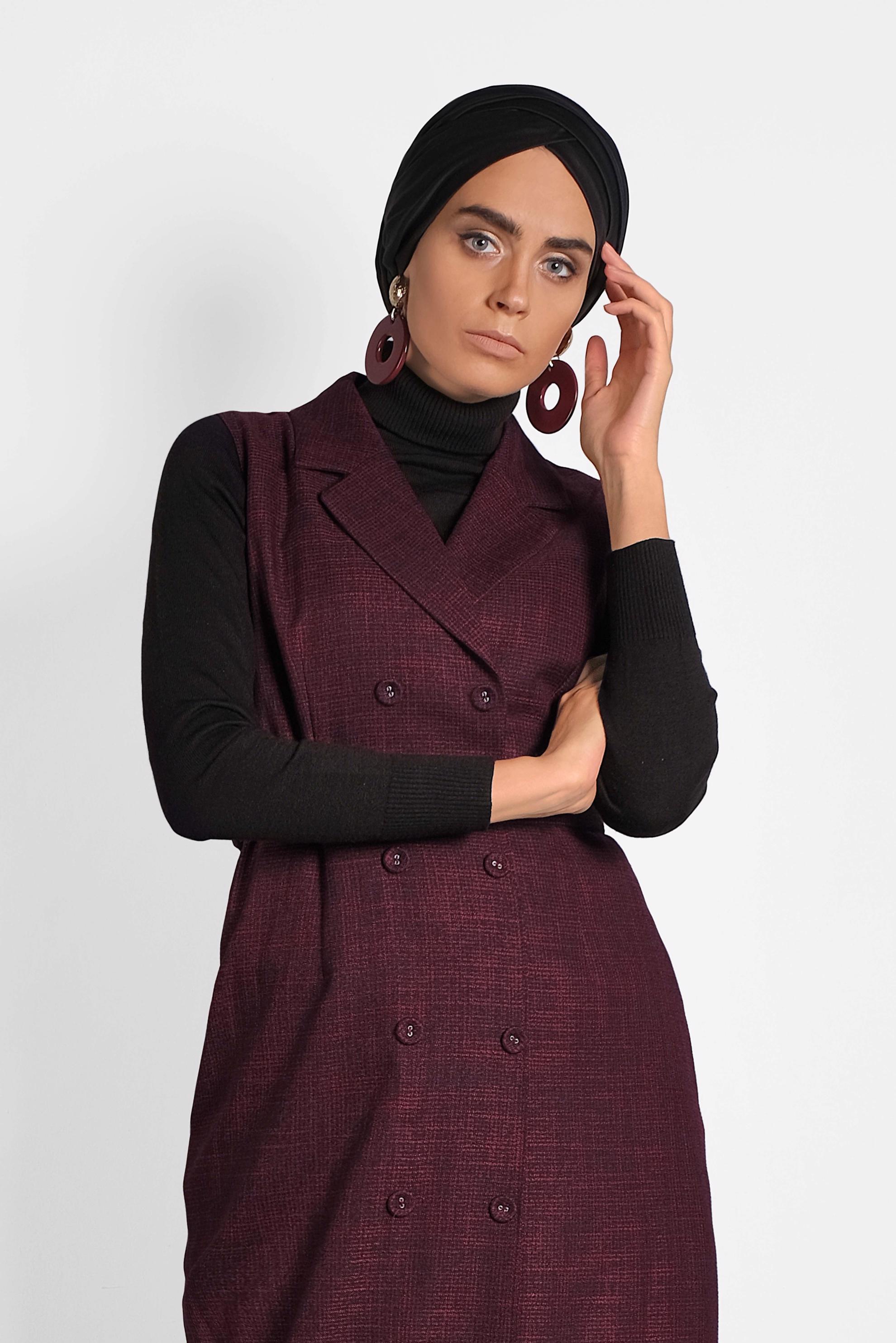 Tesettür giyim SİYAH KRUVAZE YAKA DÜĞME DETAYLI ELBİSE 40302