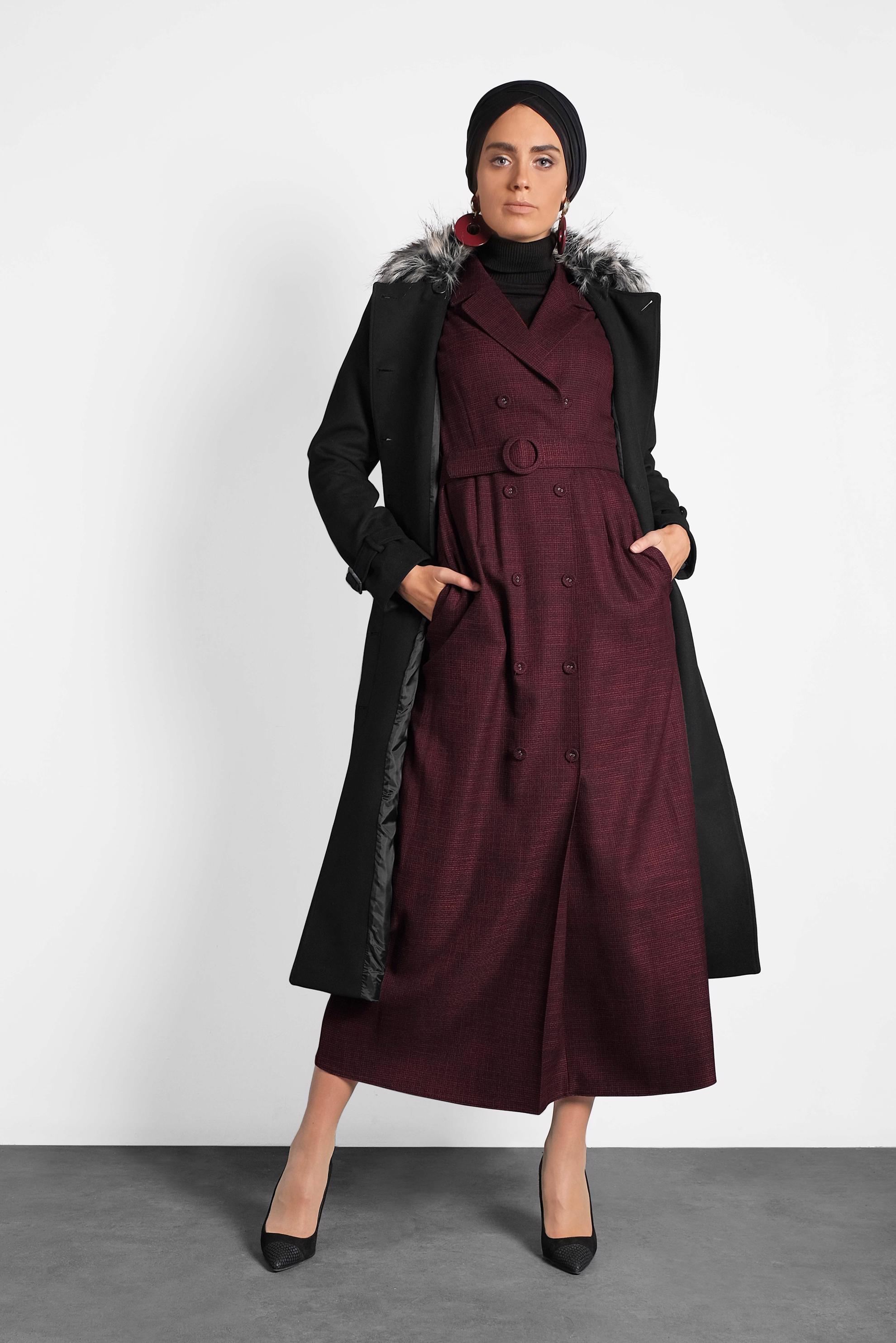 Tesettür giyim SİYAH KRUVAZE YAKA DÜĞME DETAYLI ELBİSE 40302