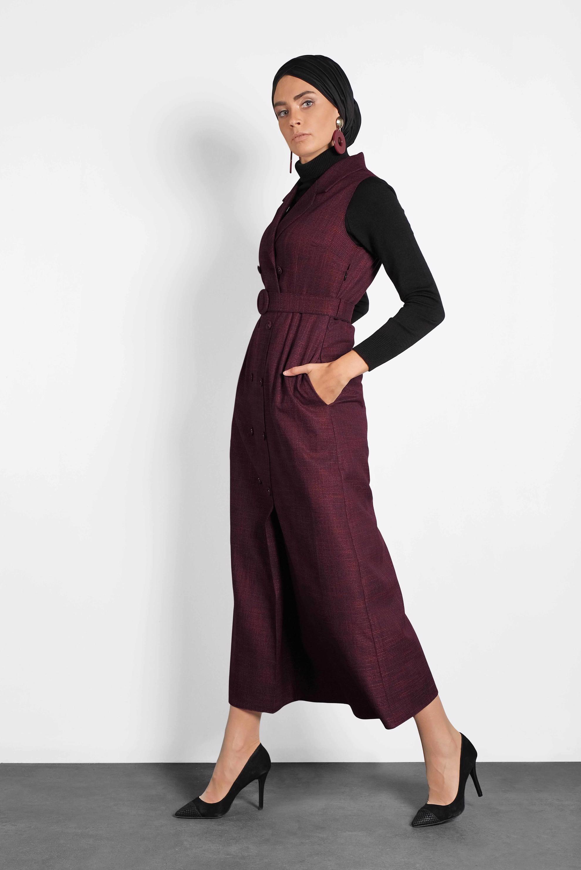 Tesettür giyim SİYAH KRUVAZE YAKA DÜĞME DETAYLI ELBİSE 40302