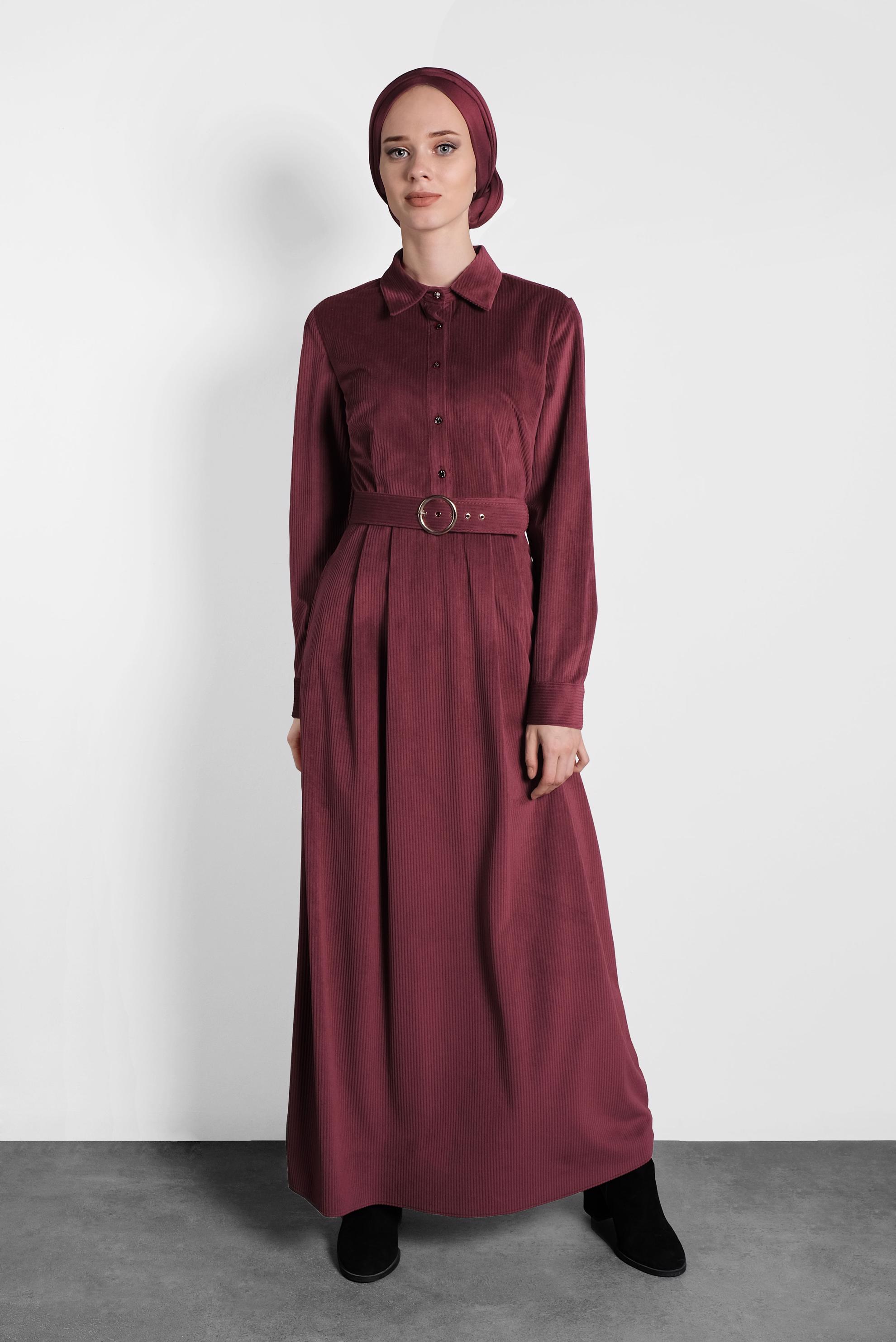 Tesettür giyim BORDO KADİFE KEMERLİ ELBİSE 40329 