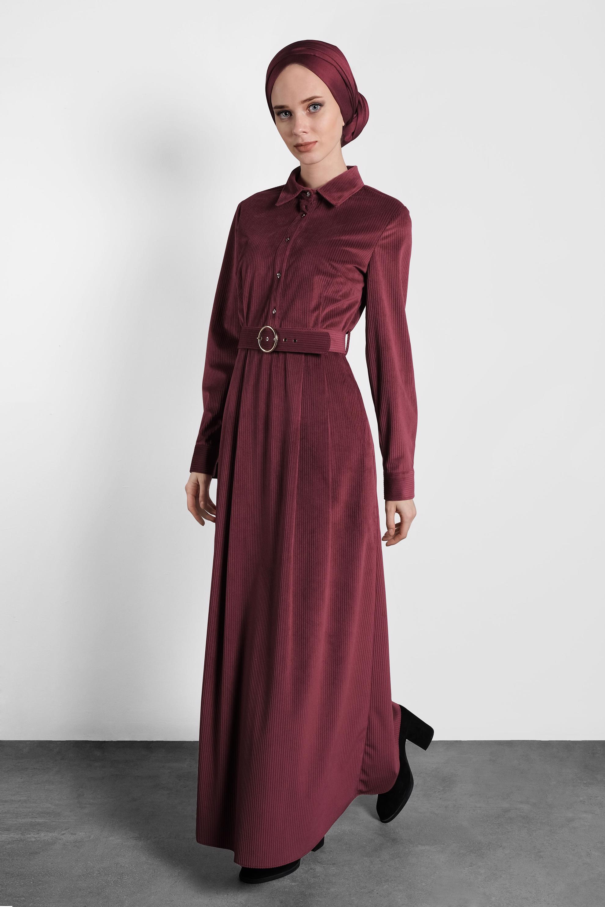 Tesettür giyim BORDO KADİFE KEMERLİ ELBİSE 40329 