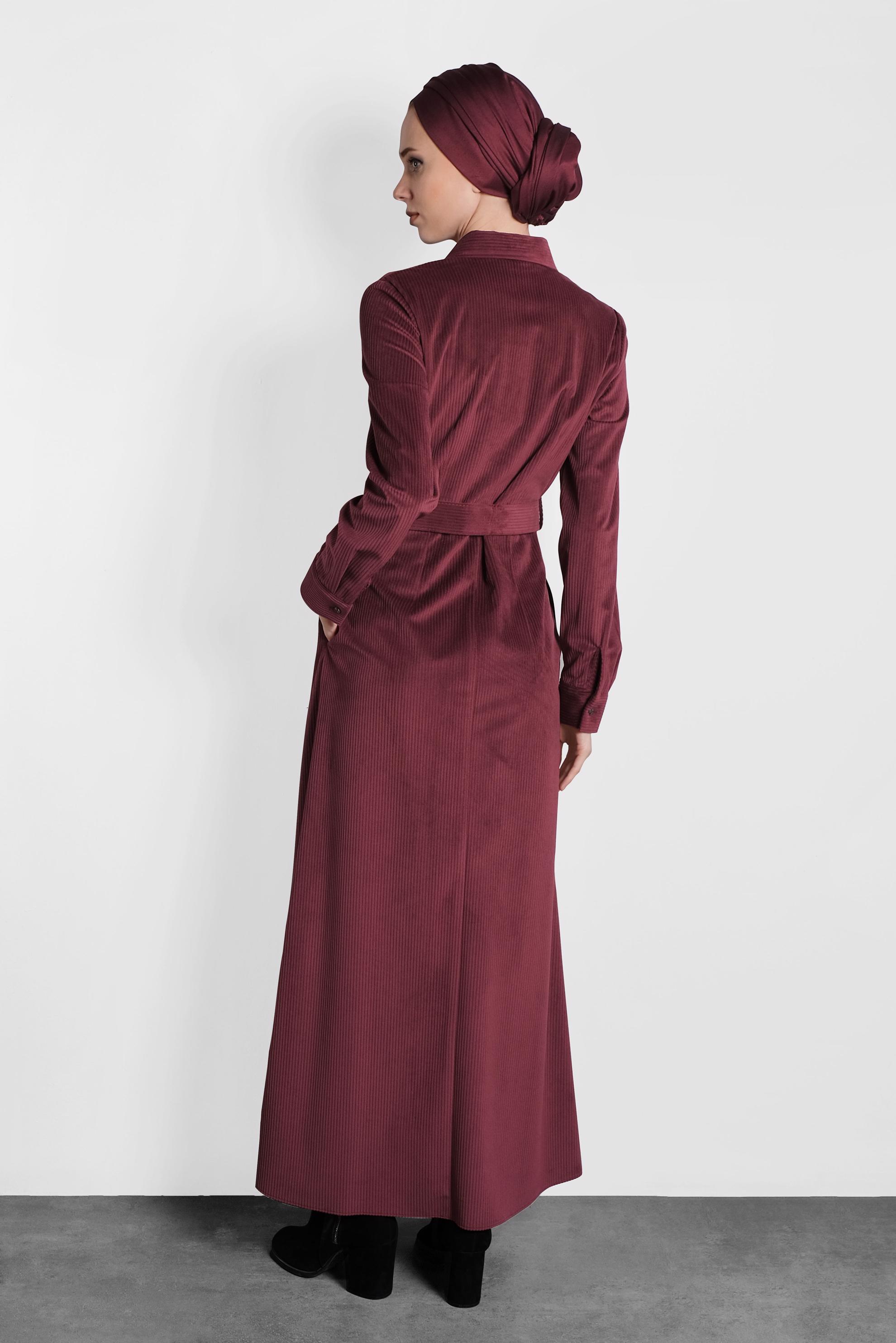 Tesettür giyim BORDO KADİFE KEMERLİ ELBİSE 40329 
