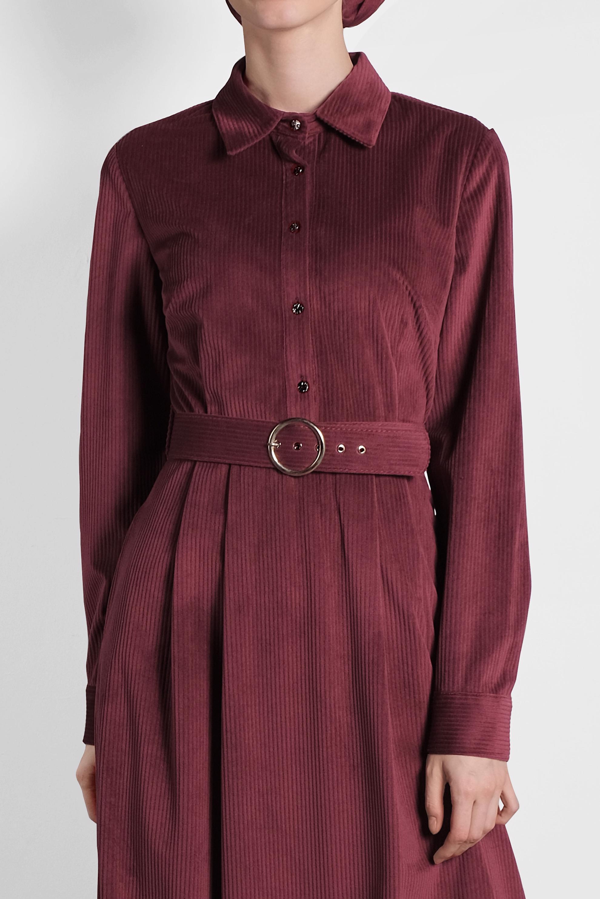 Tesettür giyim BORDO KADİFE KEMERLİ ELBİSE 40329 