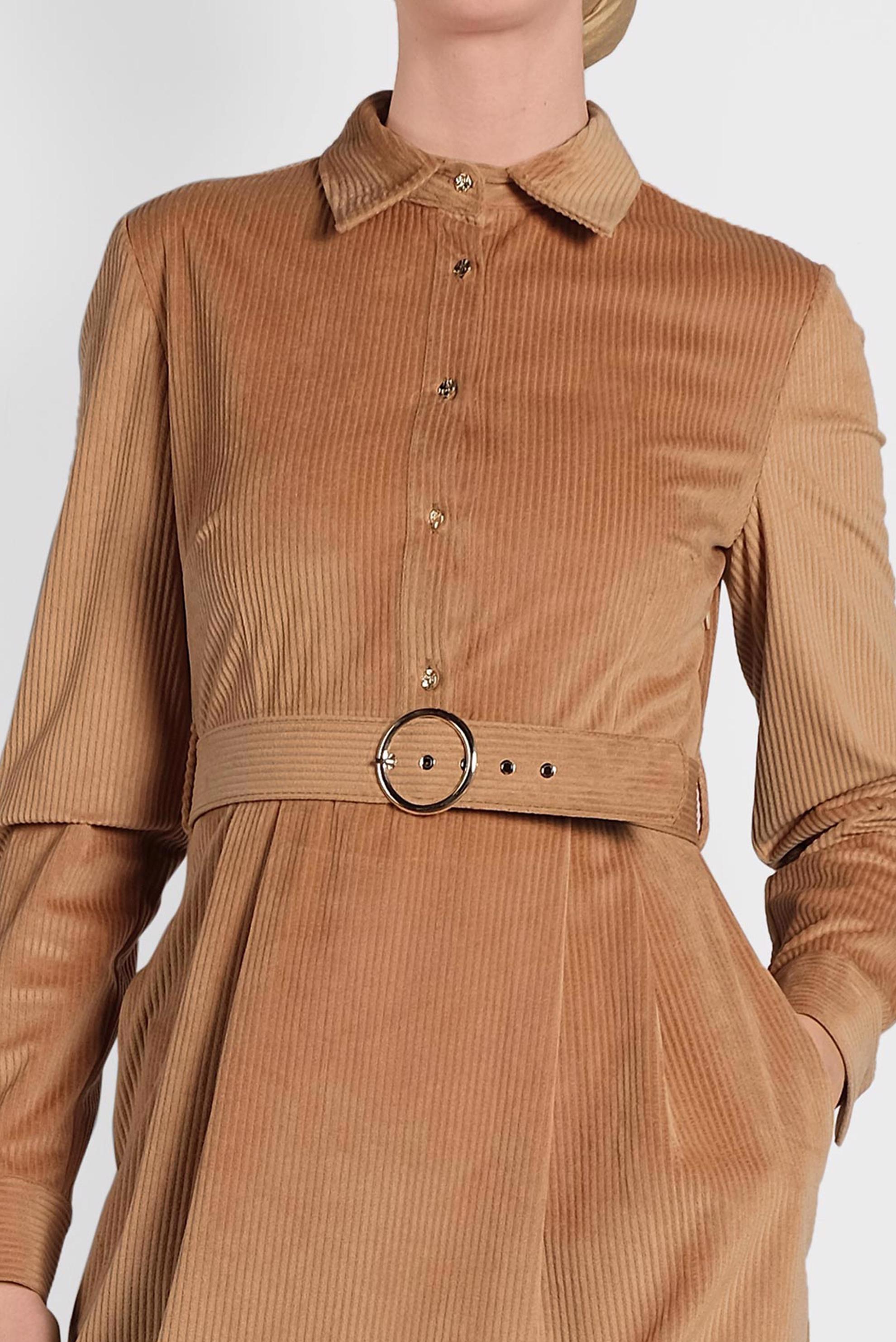 Tesettür giyim KAHVE KADİFE KEMERLİ ELBİSE 40329 