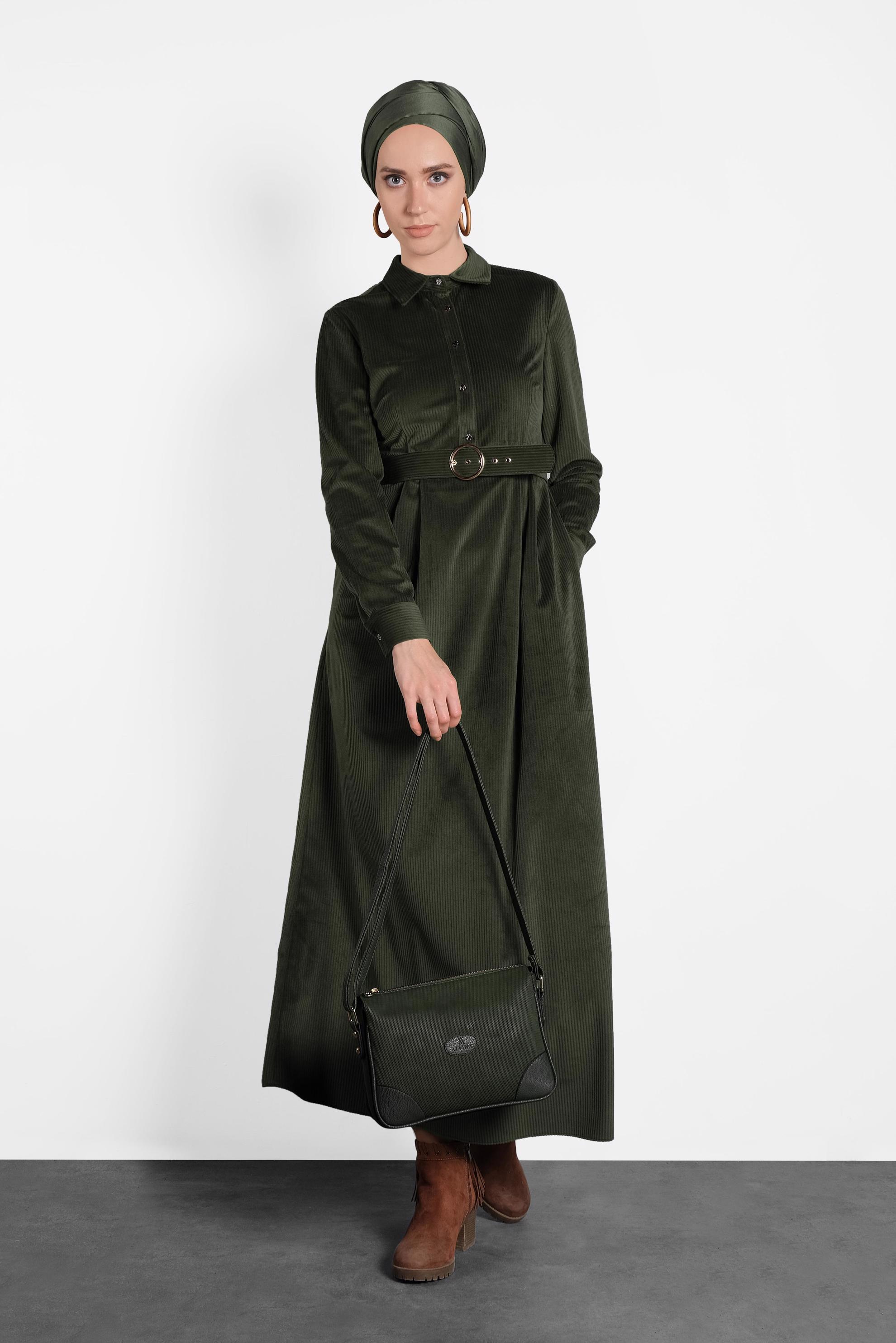 Tesettür giyim HAKİ KADİFE KEMERLİ ELBİSE 40329 