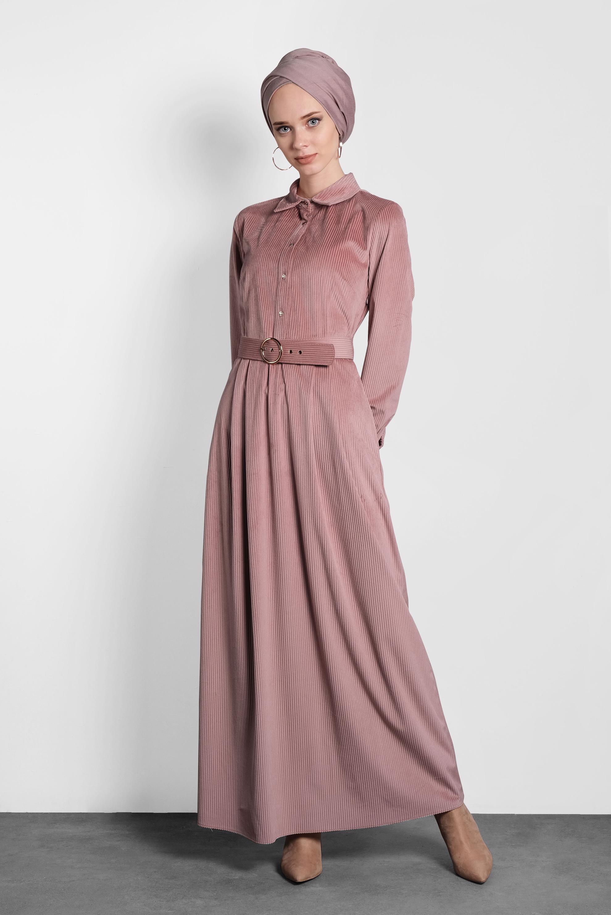 Tesettür giyim PUDRA KADİFE KEMERLİ ELBİSE 40329 