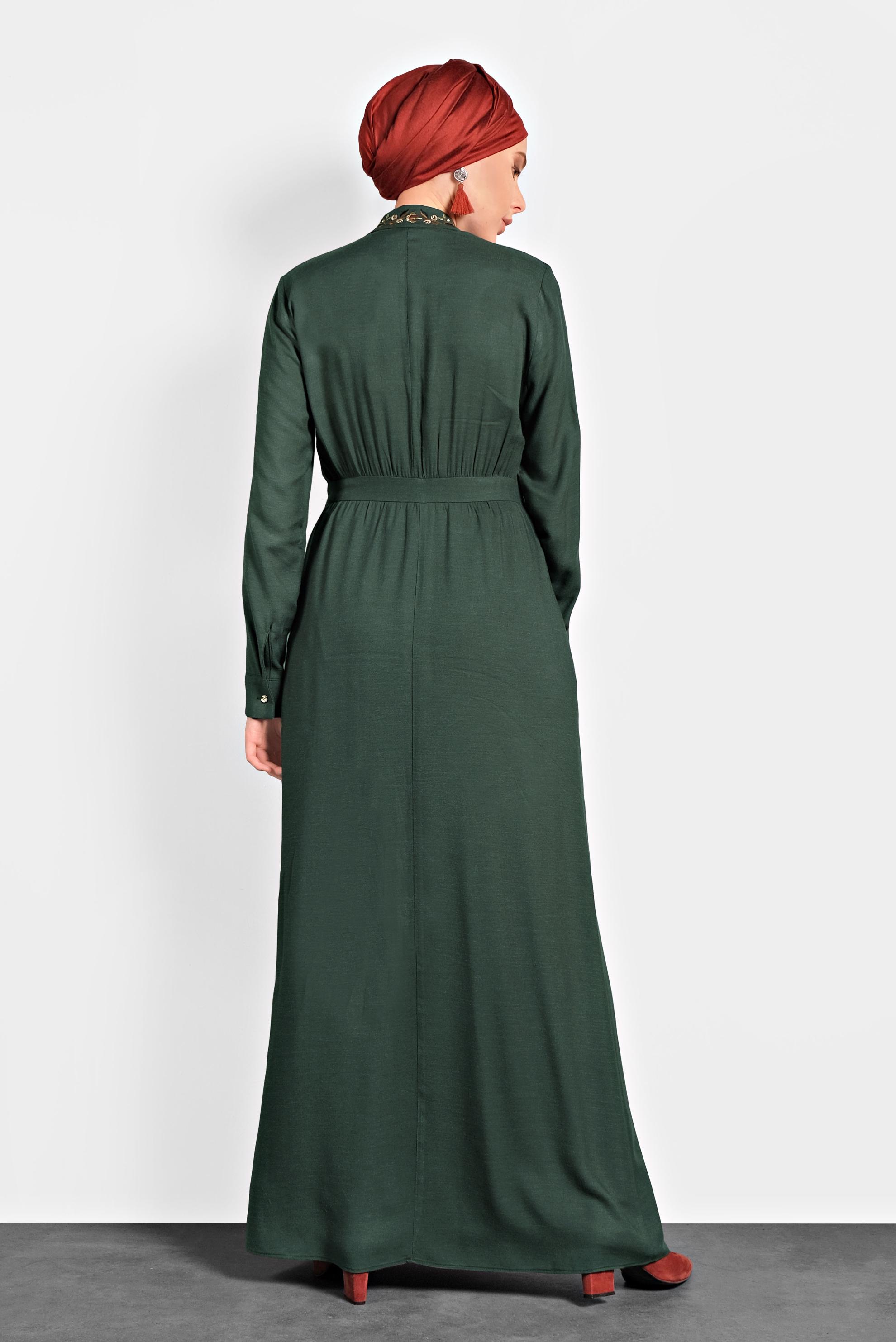 Tesettür giyim YEŞİL NAKIŞLI YAKASI BAĞLI ELBİSE 40330