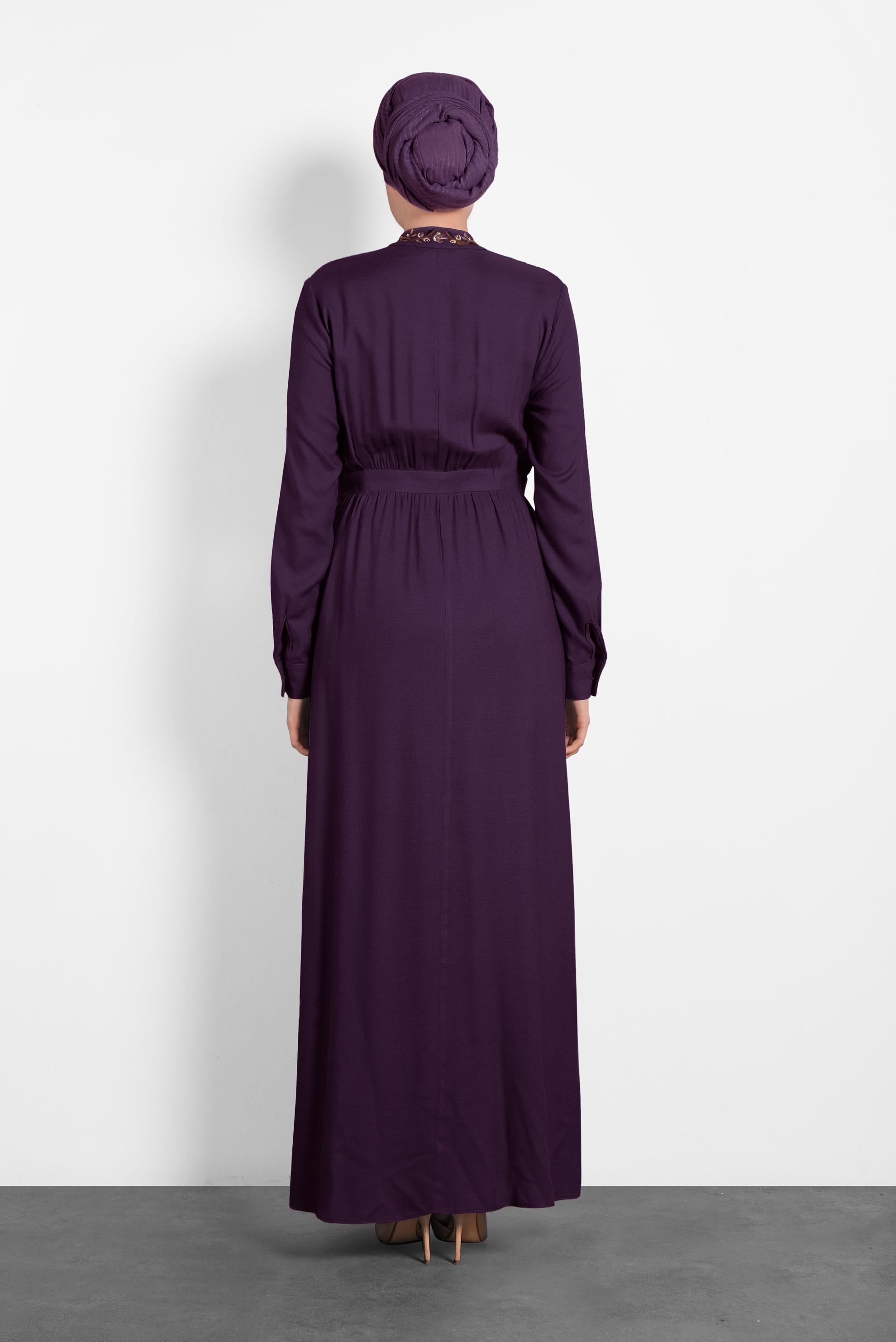 Tesettür giyim MÜRDÜM NAKIŞLI YAKASI BAĞLI ELBİSE 40330