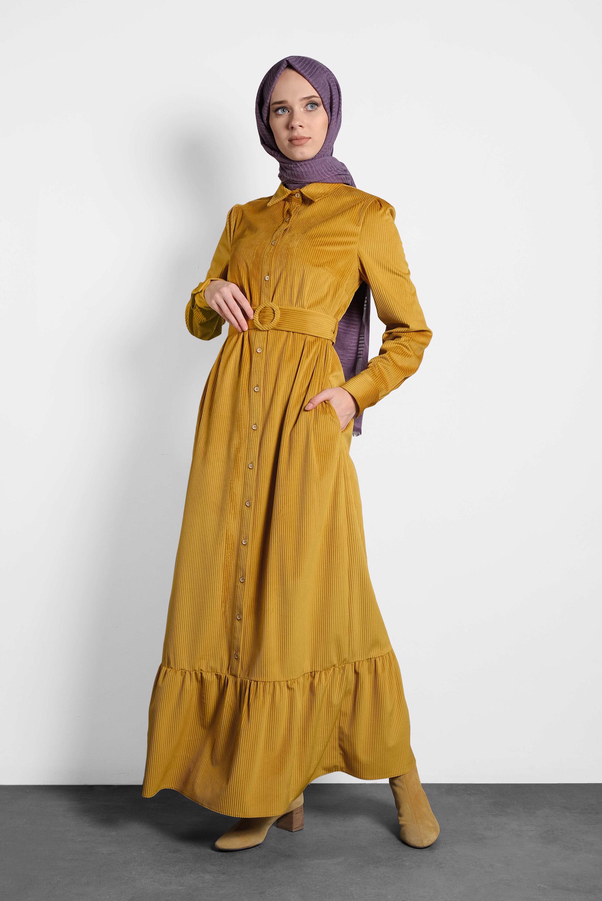 Tesettür giyim SARI KEMERLİ KADİFE ELBİSE 40331 