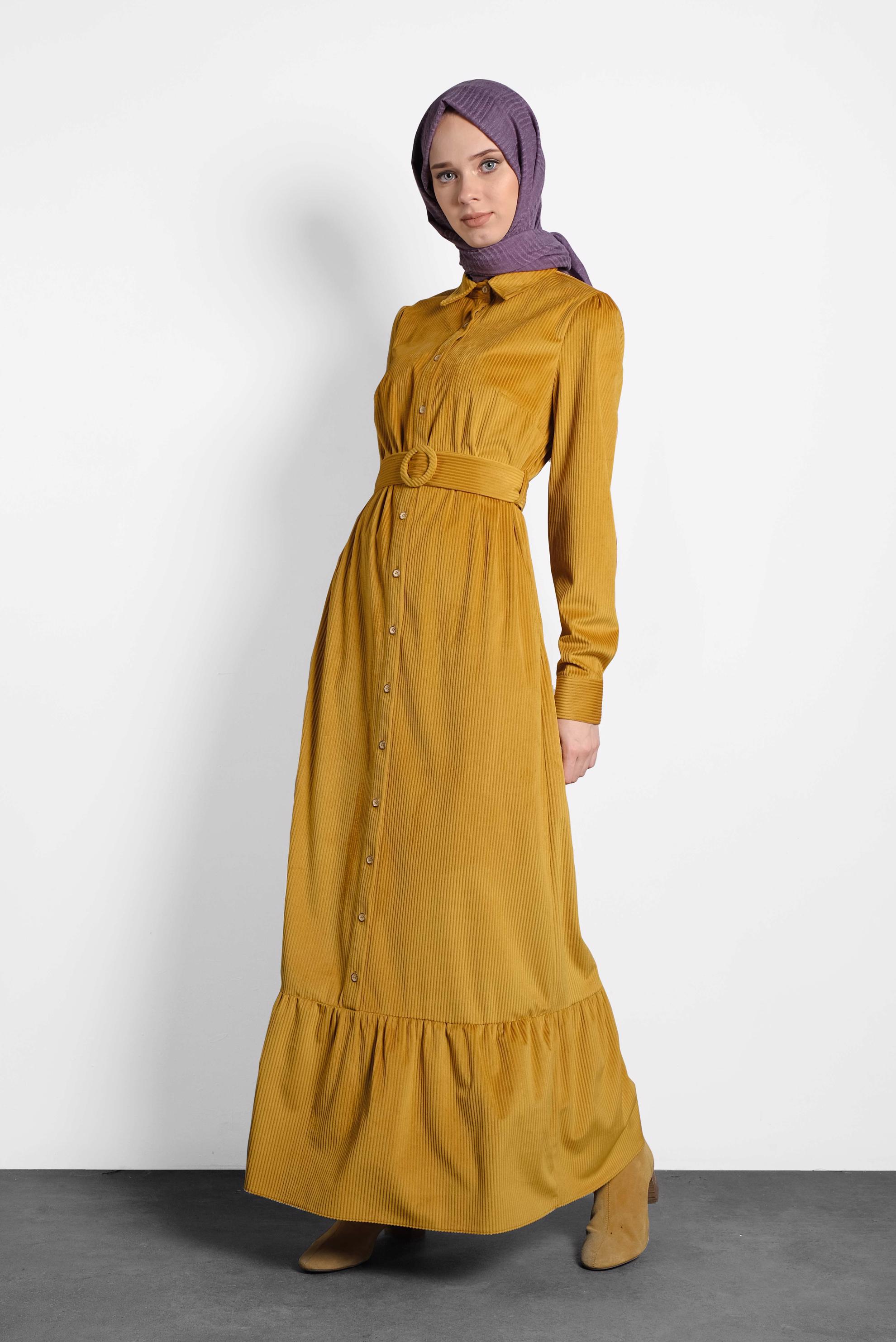 Tesettür giyim SARI KEMERLİ KADİFE ELBİSE 40331 