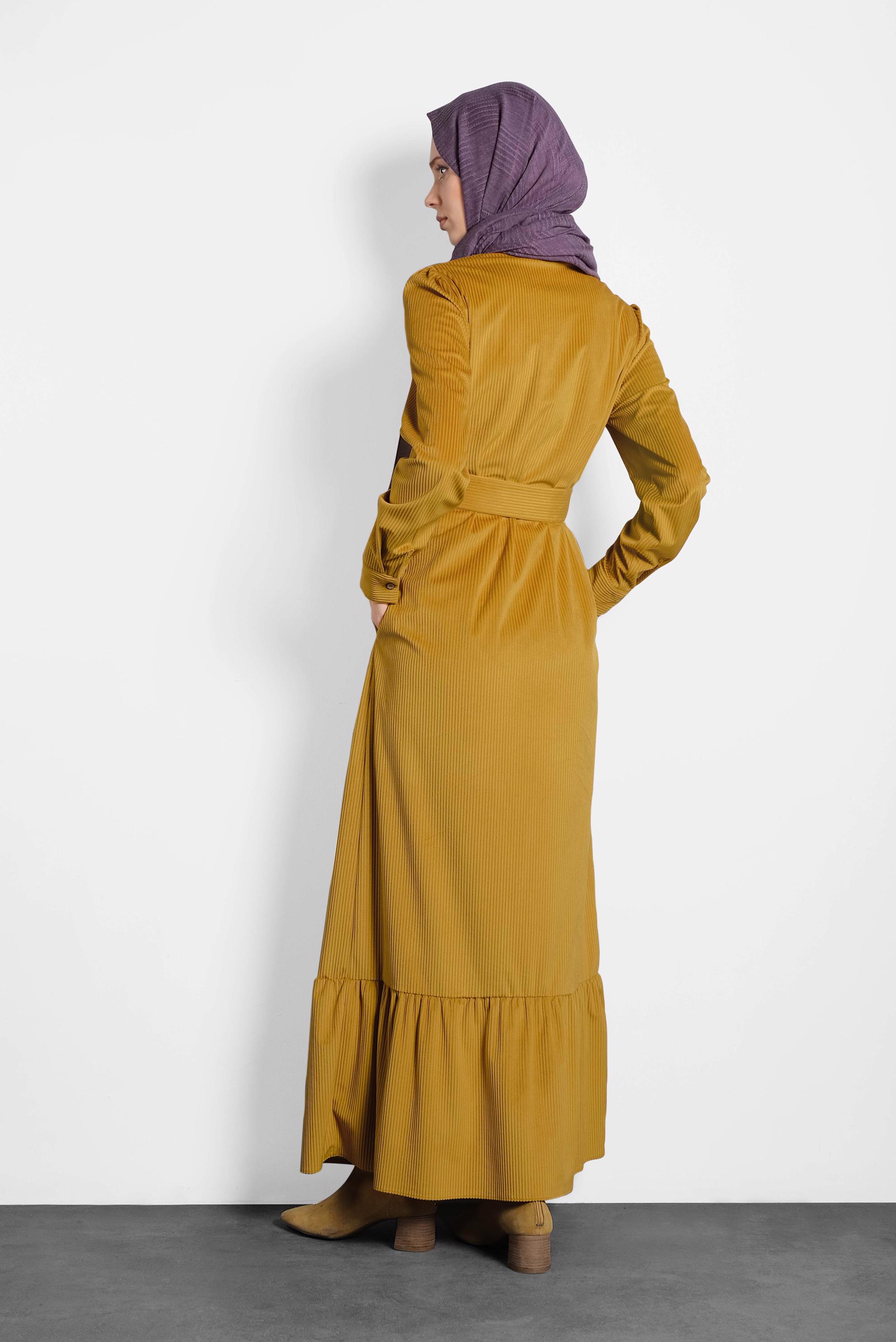 Tesettür giyim SARI KEMERLİ KADİFE ELBİSE 40331 