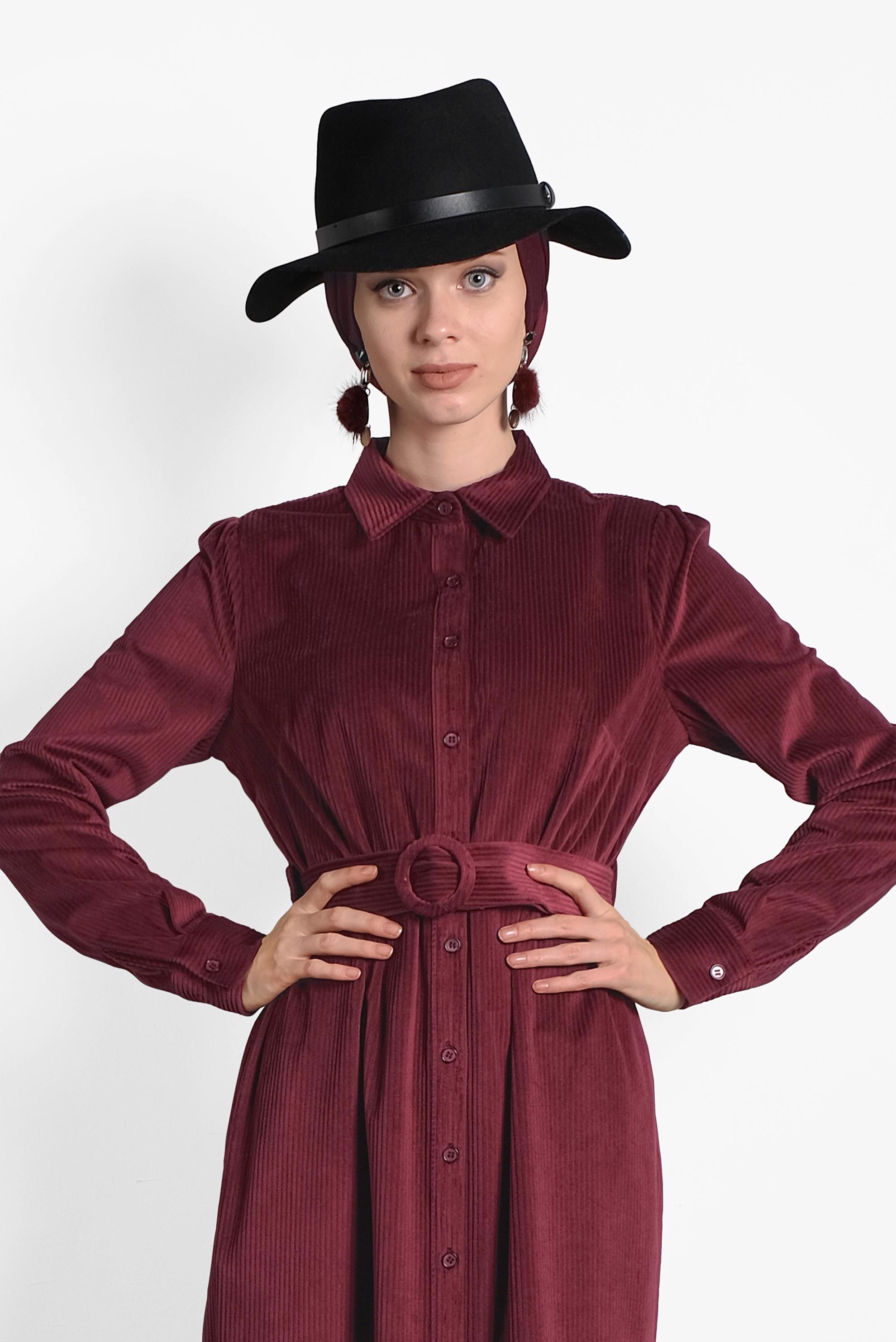 Tesettür giyim BORDO KEMERLİ KADİFE ELBİSE 40331 