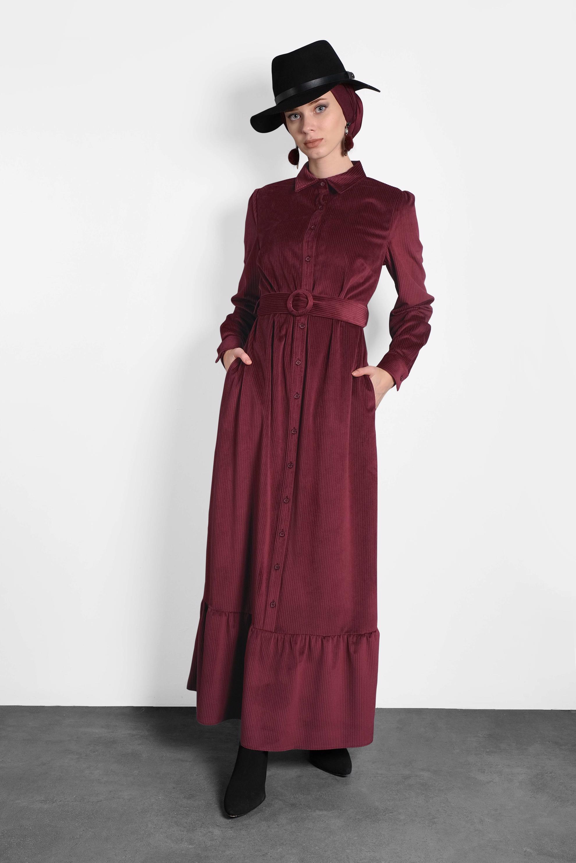 Tesettür giyim BORDO KEMERLİ KADİFE ELBİSE 40331 