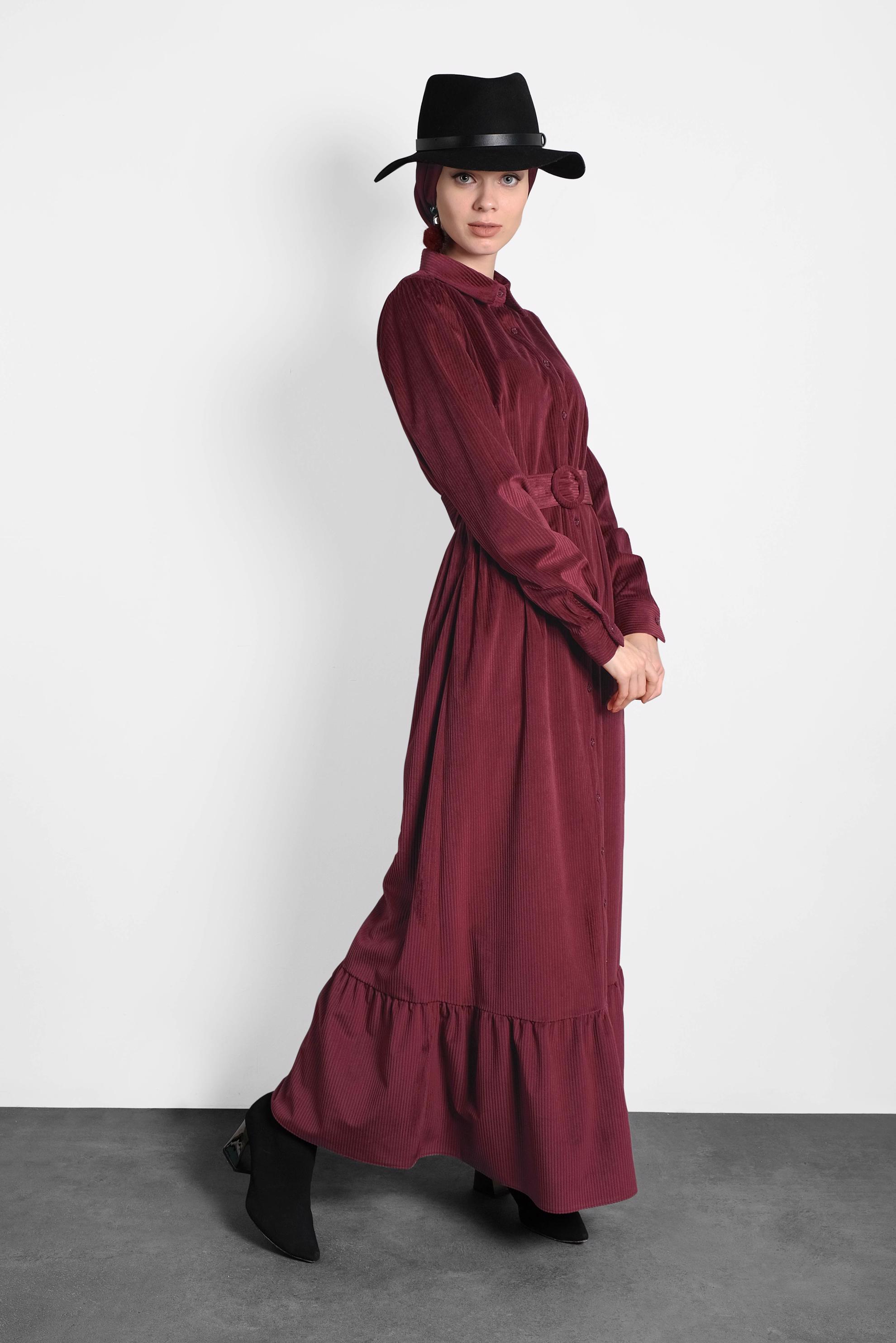 Tesettür giyim BORDO KEMERLİ KADİFE ELBİSE 40331 