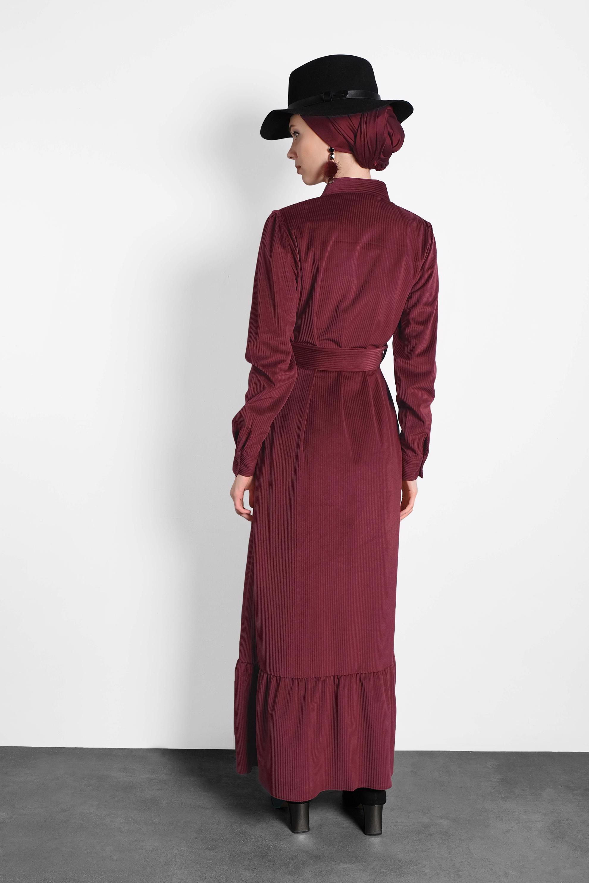 Tesettür giyim BORDO KEMERLİ KADİFE ELBİSE 40331 