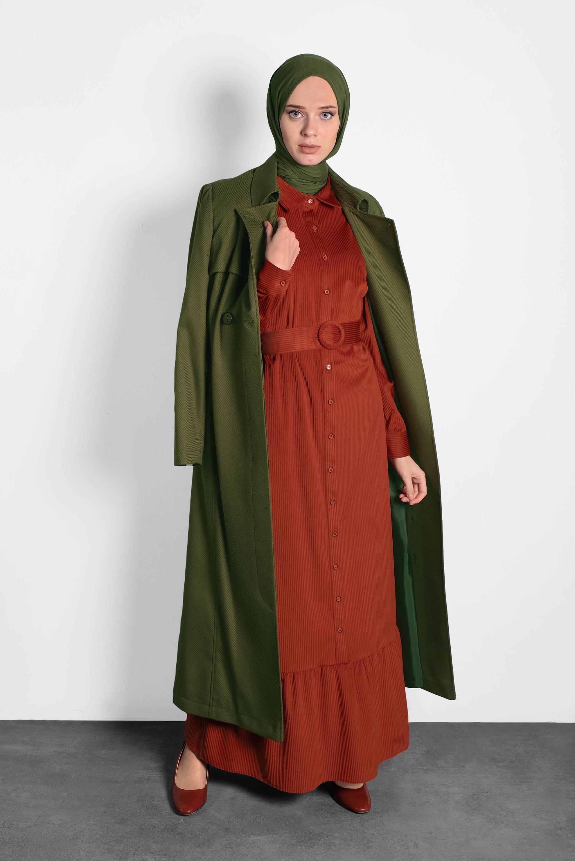 Tesettür giyim TURUNCU KEMERLİ KADİFE ELBİSE 40331 