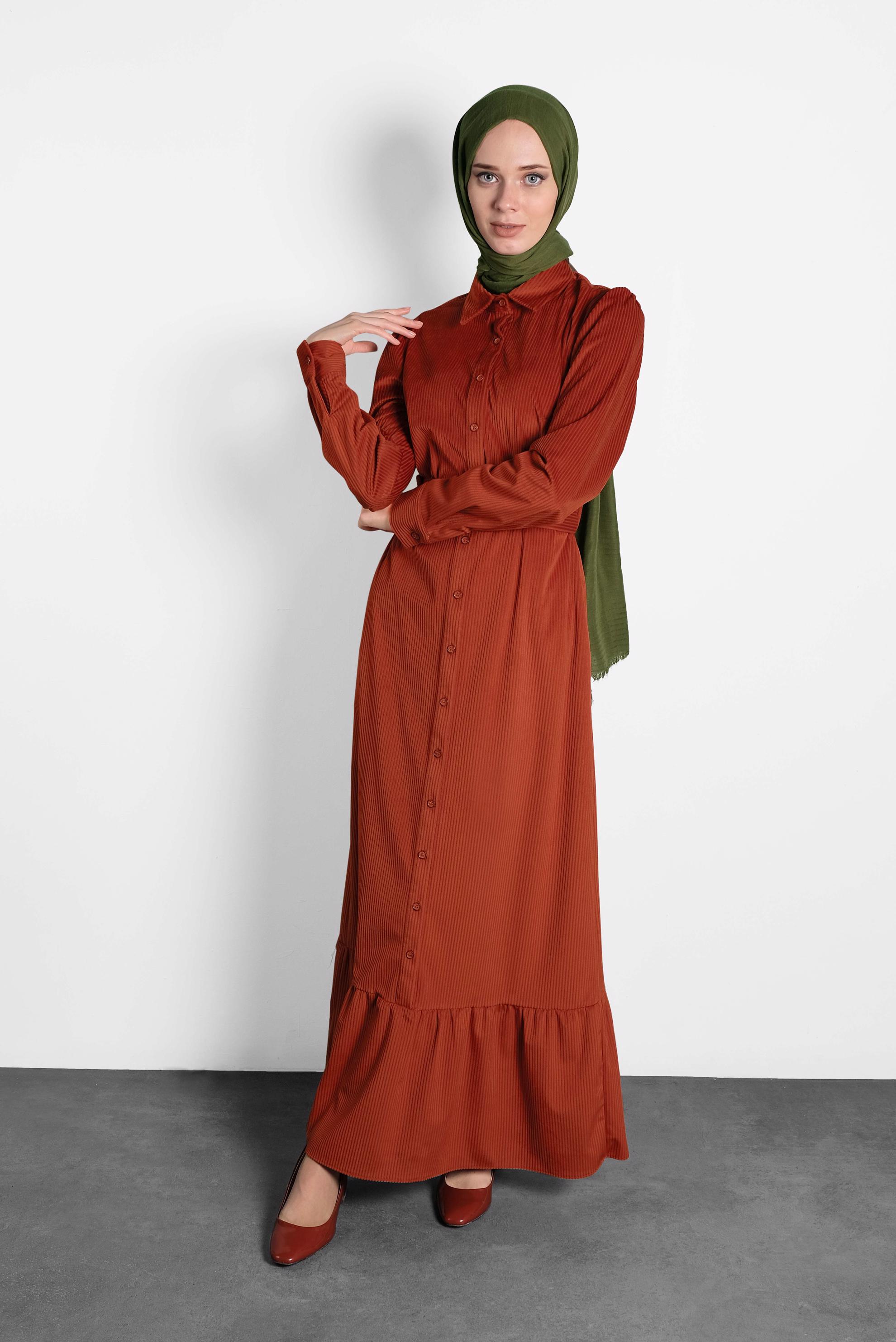 Tesettür giyim TURUNCU KEMERLİ KADİFE ELBİSE 40331 