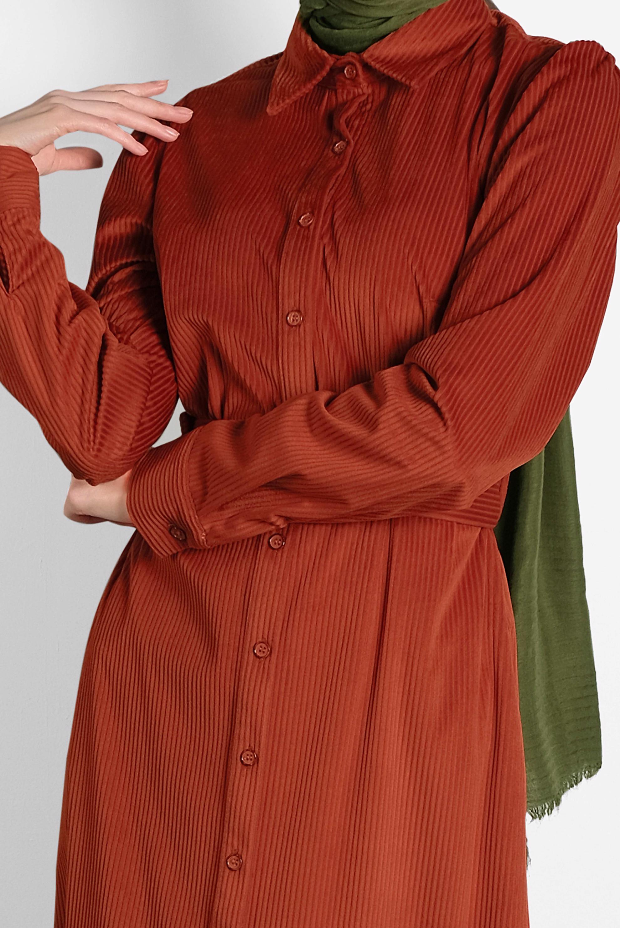 Tesettür giyim TURUNCU KEMERLİ KADİFE ELBİSE 40331 