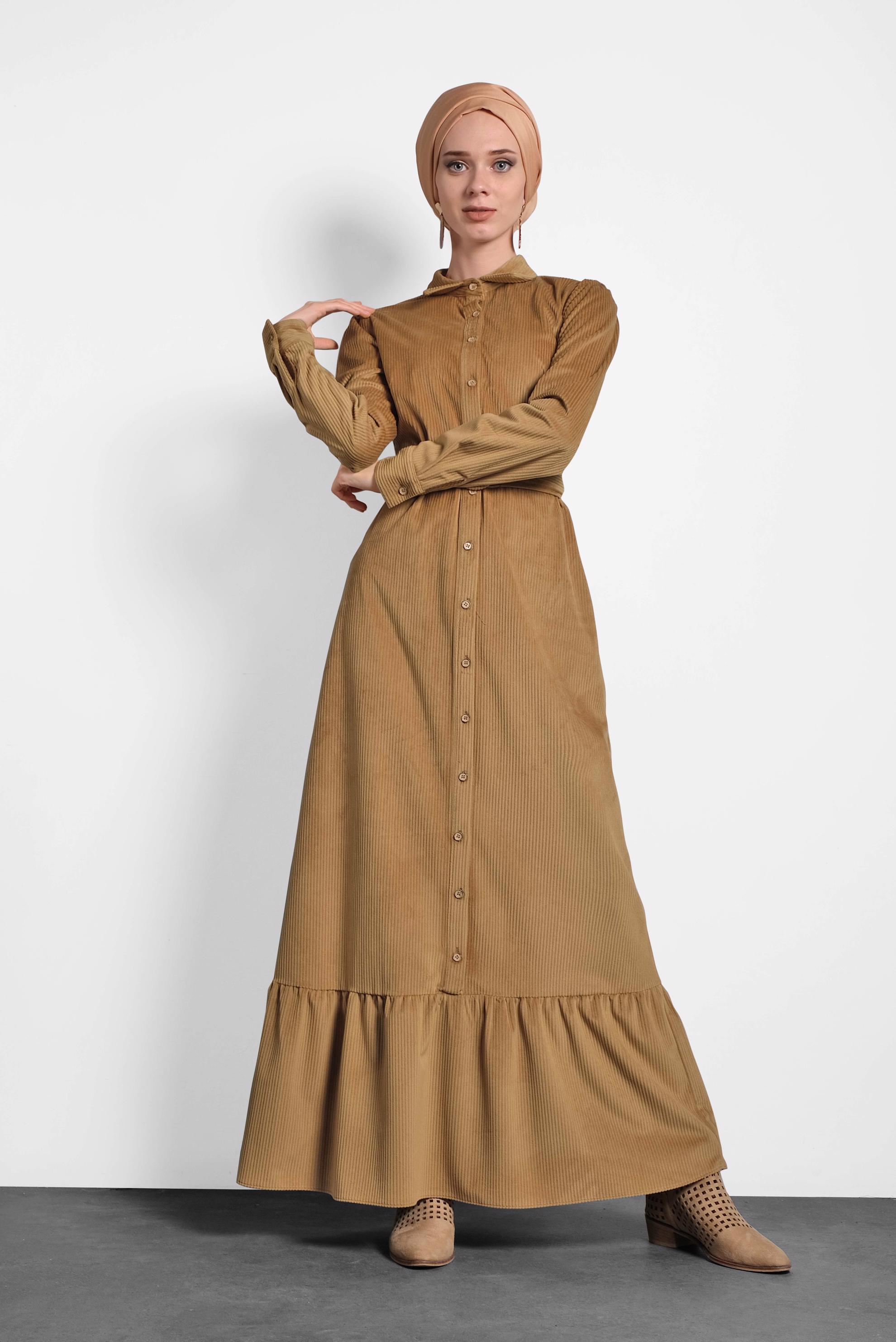 Tesettür giyim TABA KEMERLİ KADİFE ELBİSE 40331 