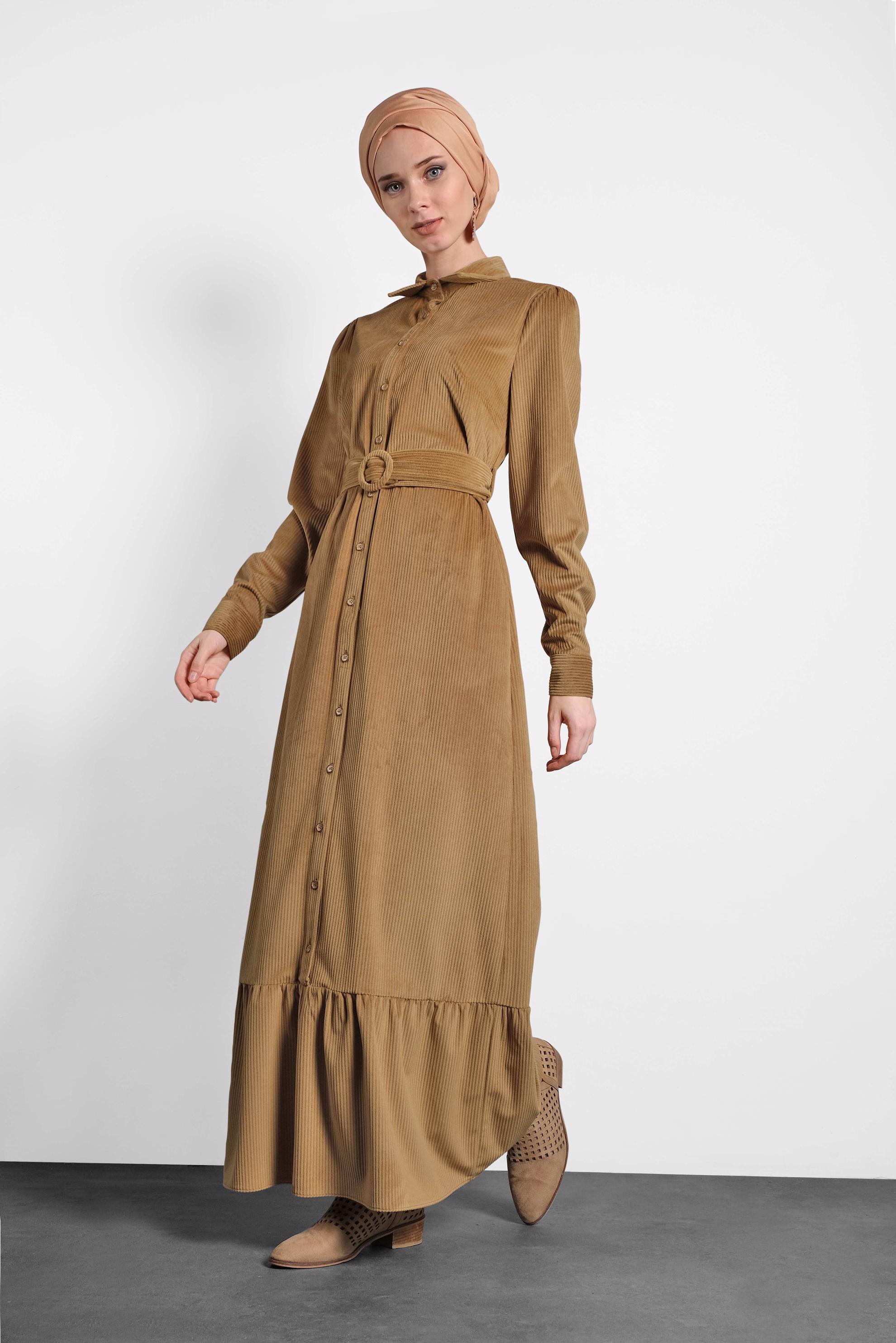 Tesettür giyim TABA KEMERLİ KADİFE ELBİSE 40331 