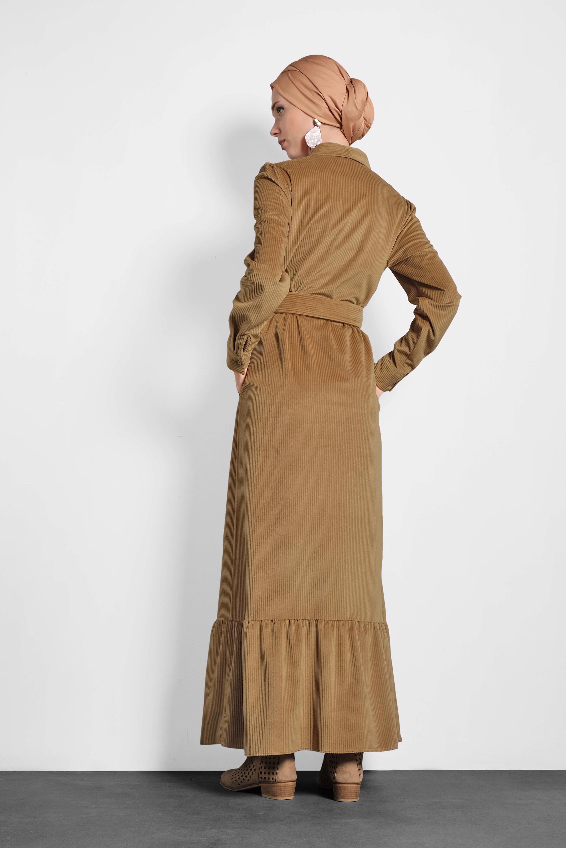 Tesettür giyim TABA KEMERLİ KADİFE ELBİSE 40331 