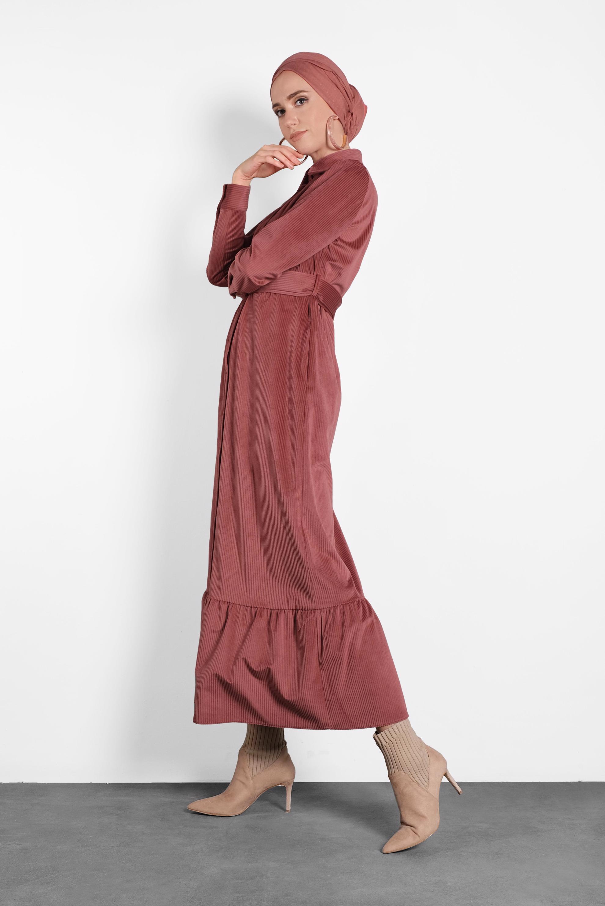 Tesettür giyim PEMBE KEMERLİ KADİFE ELBİSE 40331 