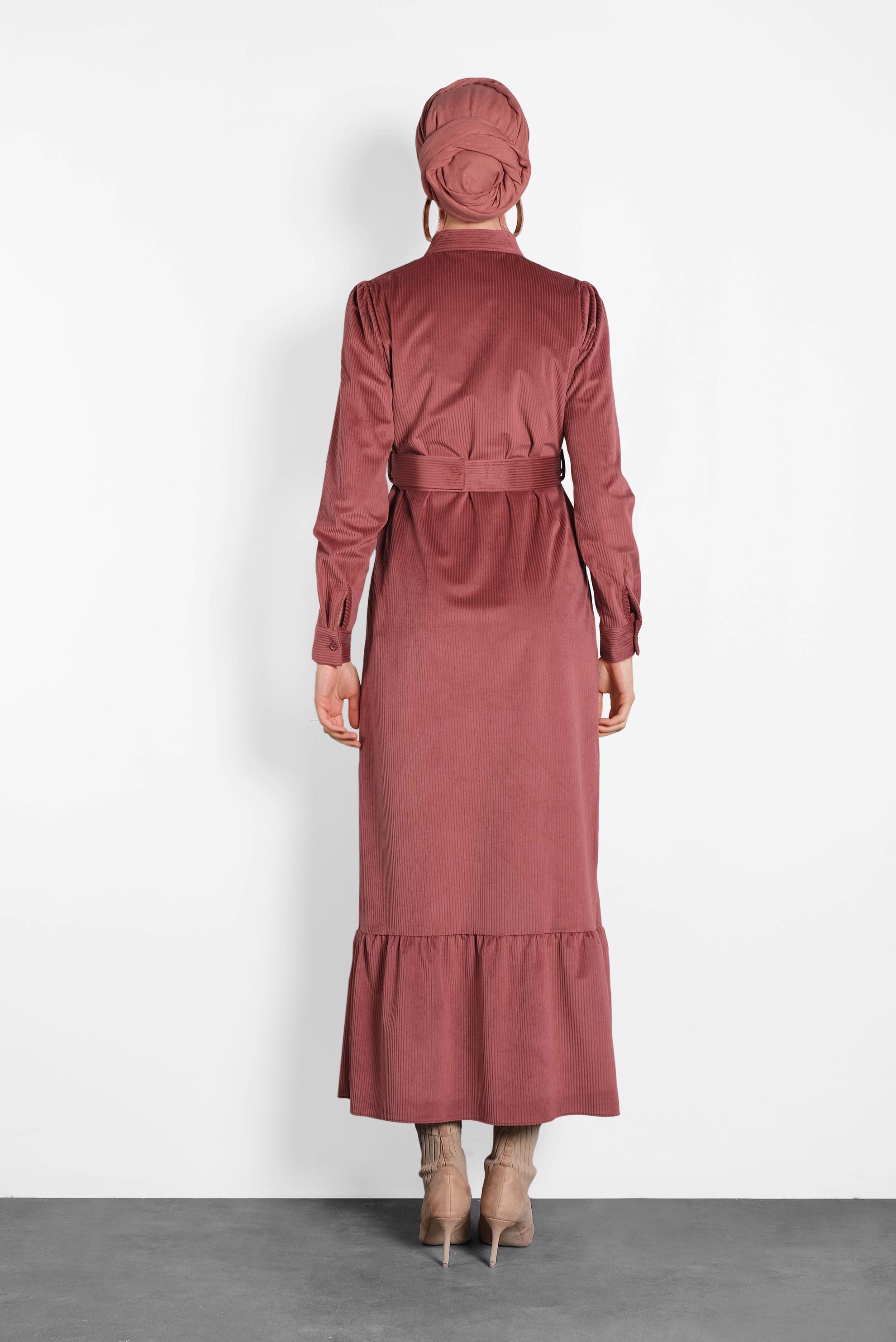 Tesettür giyim PEMBE KEMERLİ KADİFE ELBİSE 40331 