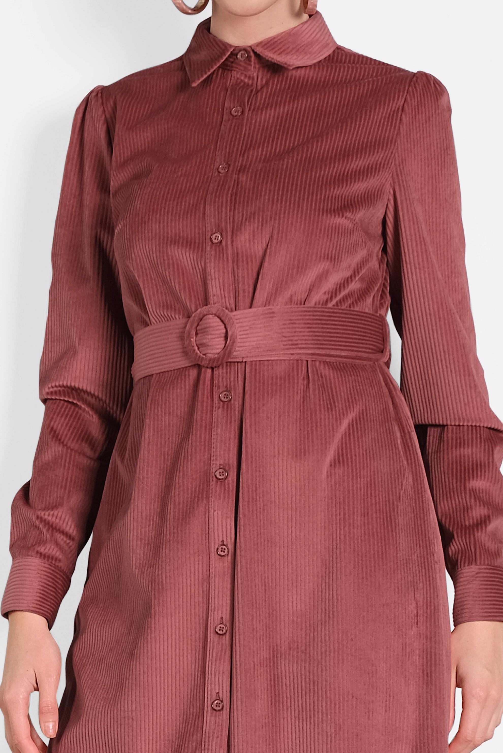 Tesettür giyim PEMBE KEMERLİ KADİFE ELBİSE 40331 