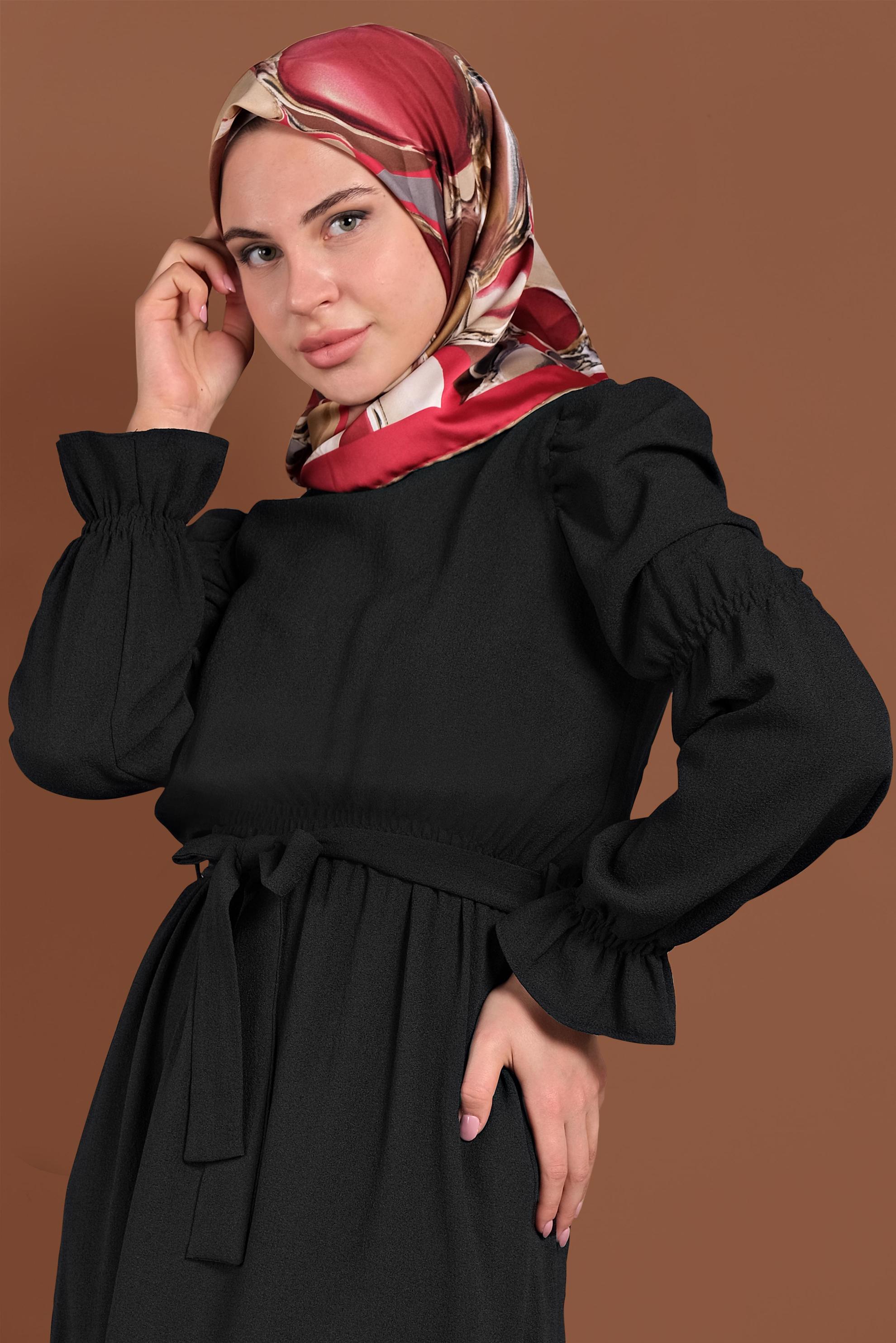 Tesettür giyim SİYAH  VOLANLI KUŞAKLI ELBİSE 40339 