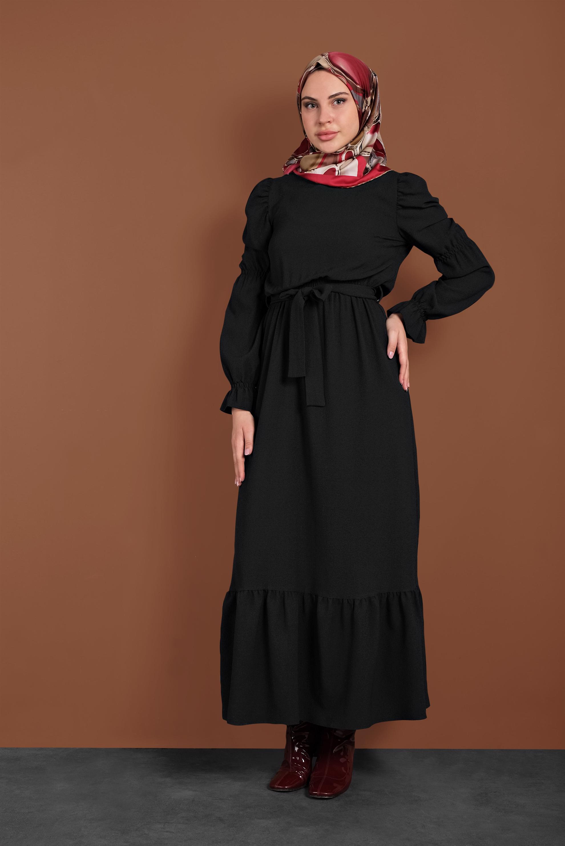 Tesettür giyim SİYAH  VOLANLI KUŞAKLI ELBİSE 40339 