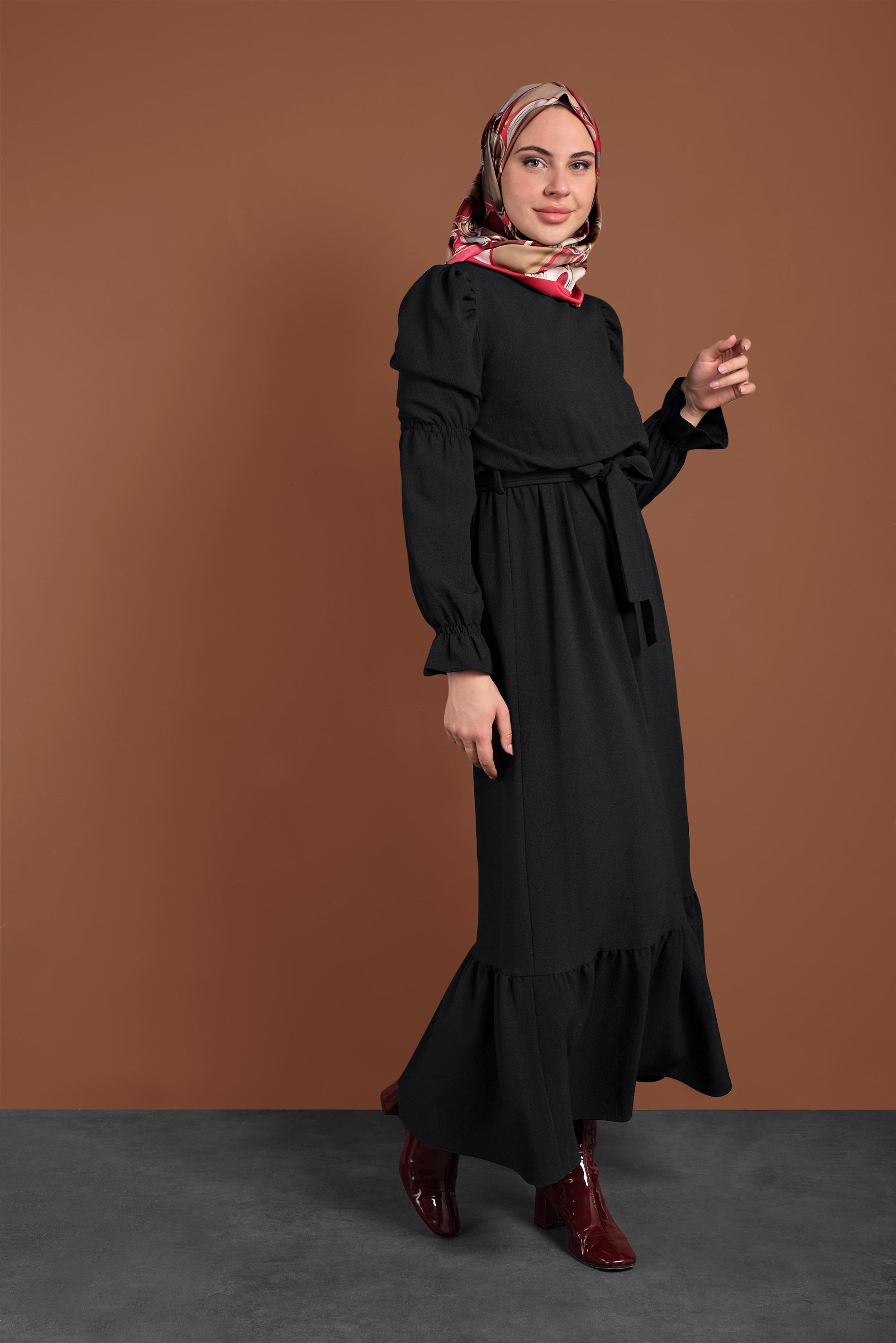 Tesettür giyim SİYAH  VOLANLI KUŞAKLI ELBİSE 40339 